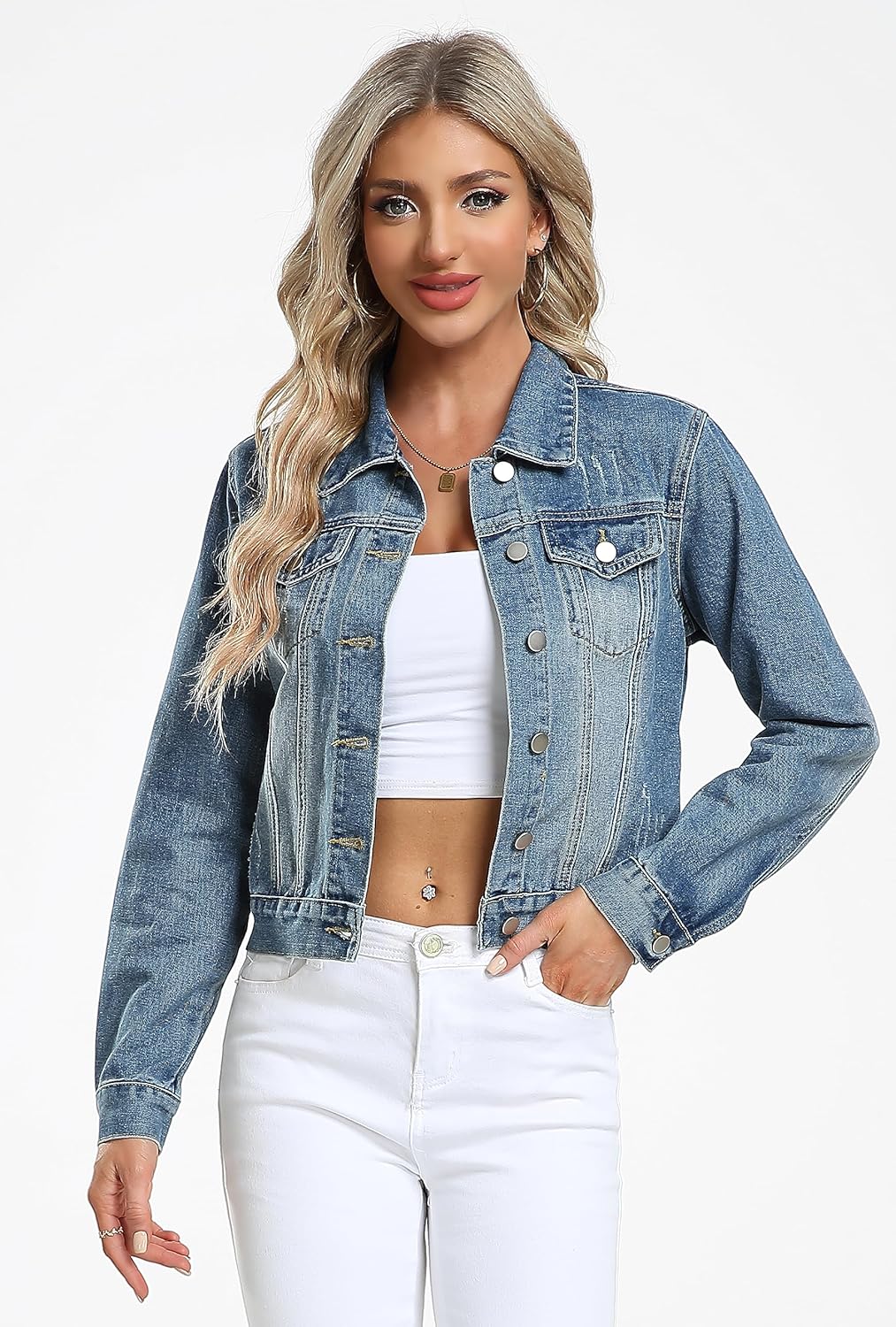 andy & natalie Women’s Denim Jackets Cropped Long Sleeve Basic Button Down Crop Jean Shacket with Pockets