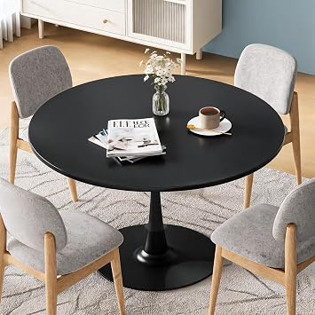 Recaceik Modern Round Dining Table, 39.1 Tulip Table with MDF Table Top & Metal Pedestal Base for Dining Room Living Room Cafe, Kitchen Table w/ 0.71 Thickened Tabletop for 4-6 People, Black