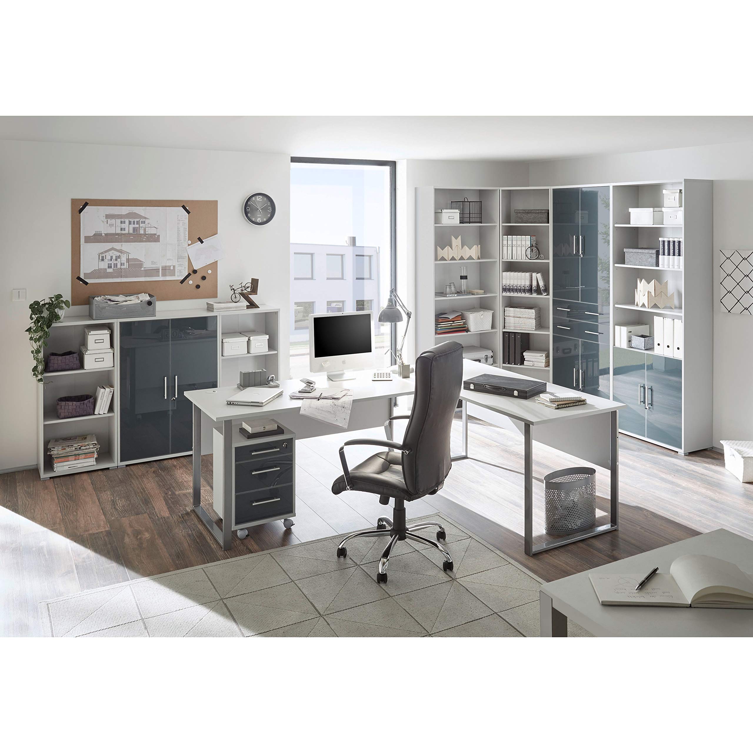Stella Trading OFFICE LUX Eckschreibtisch inkl. Kabeldurchführung, grau - Computertisch mit großer Arbeitsfläche - Modernes Büromöbel Komplettset - 223/170x77x73 cm(B/H/T), Korpus und Front: Lichtgrau