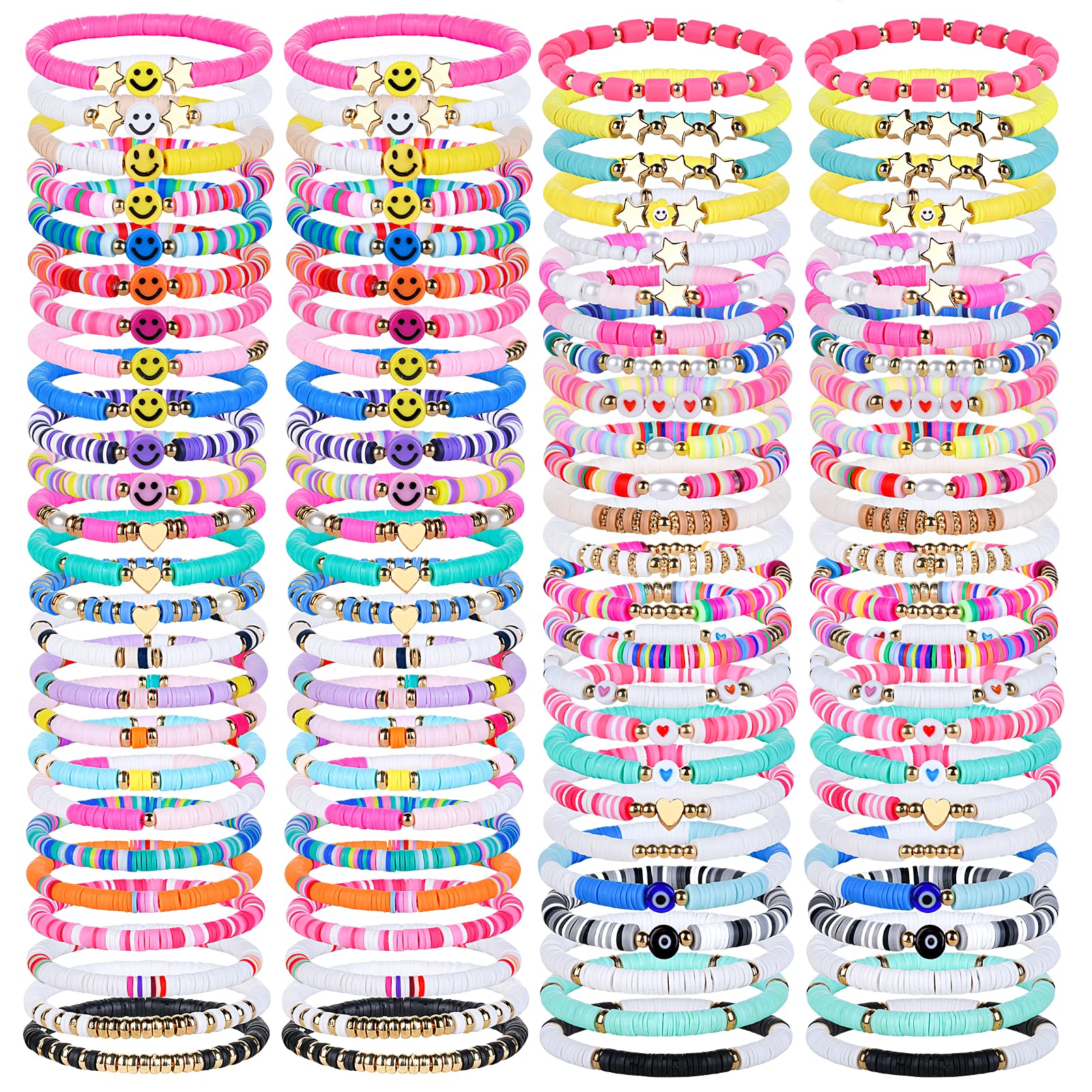 ZHLISHQINJJ 100 Pcs Friendship Bracelets for Women Bead Colorful Surfer Heishi Bracelet Set , Cute Clay Beaded Bulk Bracelets Stretch bracelets Clay for Women Stackable Bohemian Summer Beach Party, Valentine's Day, Birthday Gifts