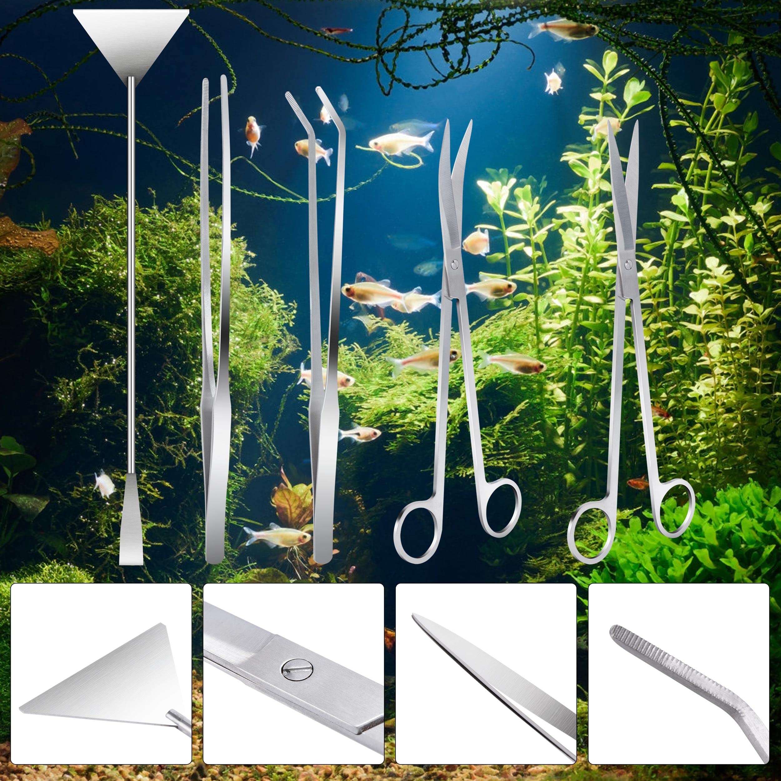 Set Attrezzi Per Acquario In Acciaio Inox - Pinze, Forbici E Spatola Per Aquascaping - Foto 5