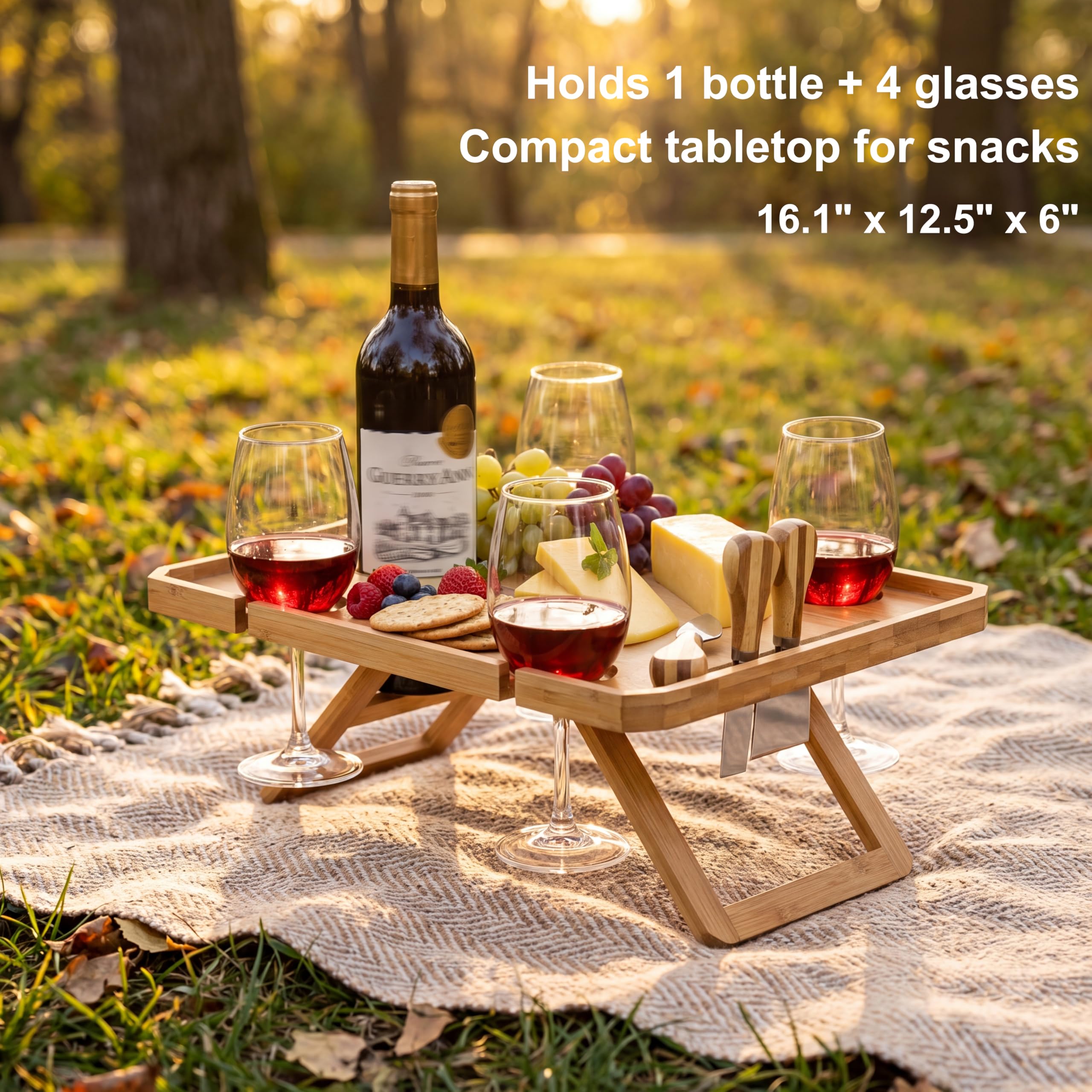 Kingrol Bambus Wein Picknick Tisch mit Weinflasche, 40x31x15cm Glas und  Kse Messerhalter - Park, Camping, Strand, Outdoor Snack und Kse Tablett,  Weinliebhaber Geschenke, faltbar und tragbar : Amazon.de: Garten