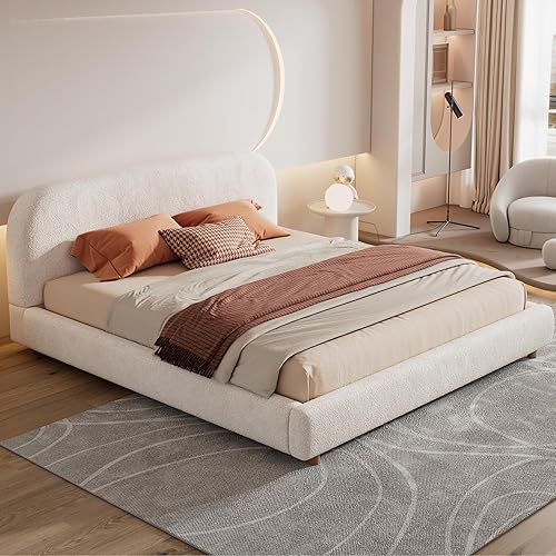 Miniatura 9 de Cama de plataforma tapizada en forma de curva con cabecera curva, marco de cama de madera tamaño Queen para niños y adultos, muebles de dormitorio,