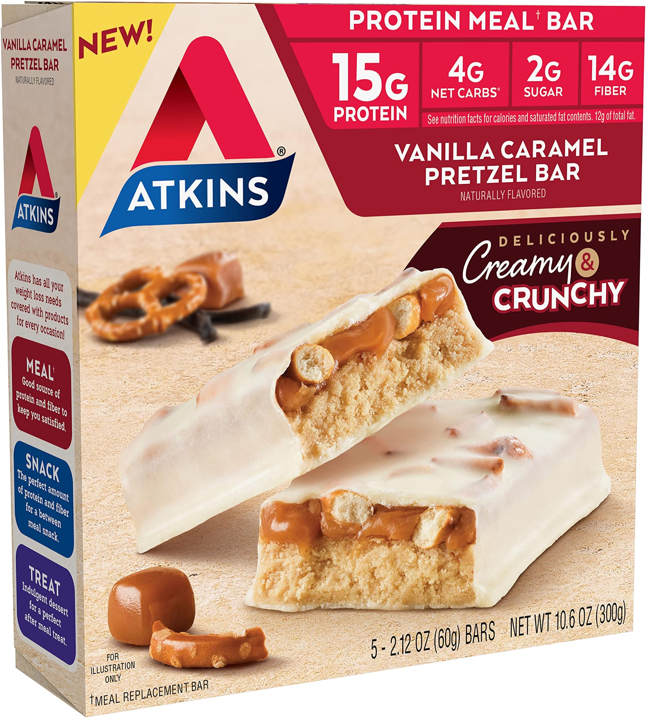 Atkins 5 x Vanilla Caramel Pretzel Protein Meal Bars Rich in Fiber 2g Sugar 4g Net Carbs Meal Replacement Keto Friendly