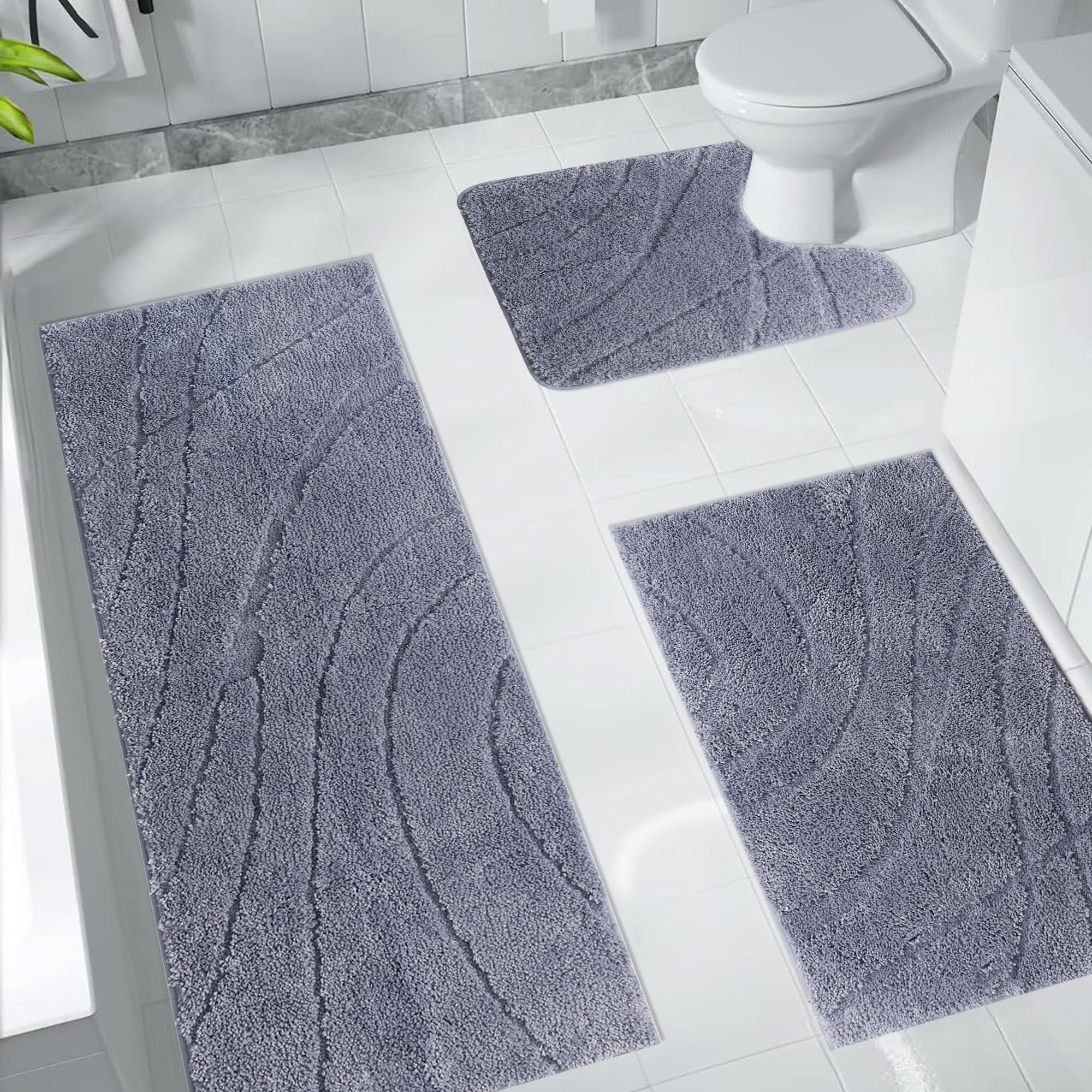 Zeeinx Juego de 3 alfombrillas de baño antideslizantes y absorbentes para baño, lavables a máquina, alfombra de baño y alfombra de inodoro en forma de U para baño, bañera y ducha, color gris