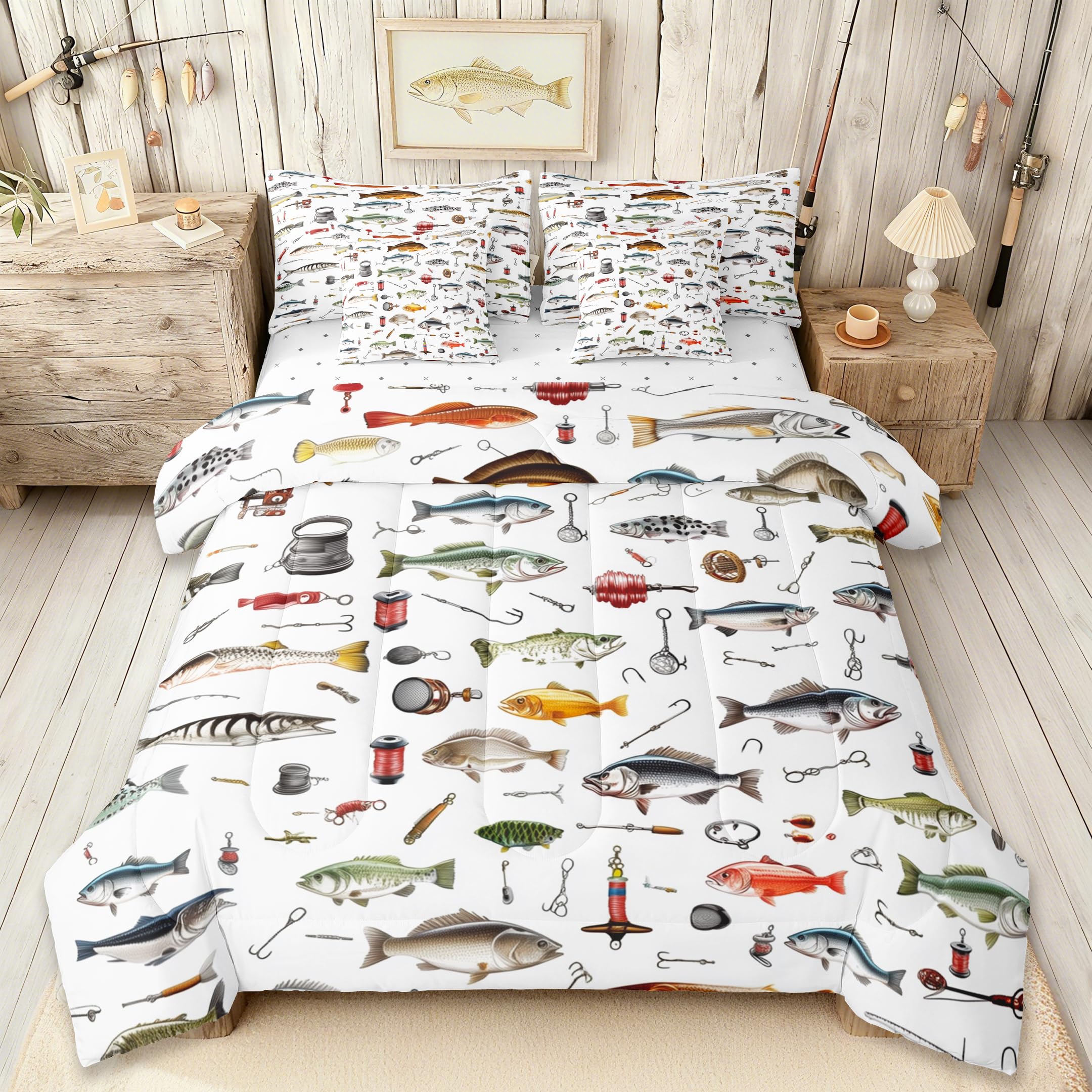 Homewish Fishing Full Comforter Set with Sheets for Boys Girls Bedroom Decor,Fishing Rod and Hook Print Bed in a Bag Soft Reversible Fish Pattern 7