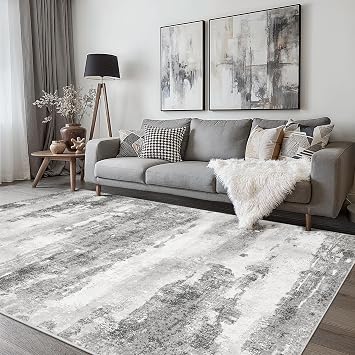 Machine Washable Rug 8x10 Area Rugs for Bedroom Living Room, Large Soft Gray Modern Abstract Area Rug, Low-Pile Floor Carpet with Non Slip Backing