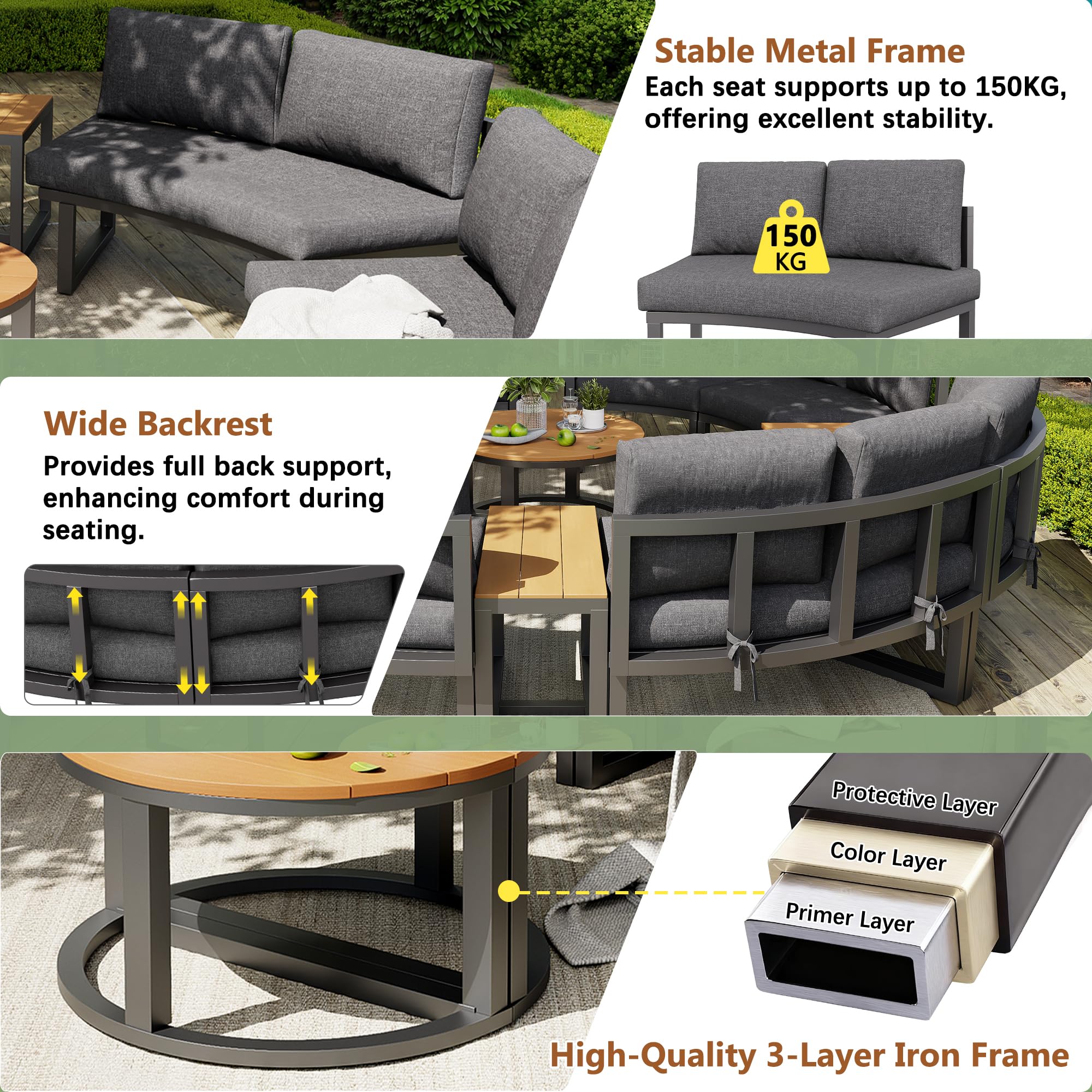 Gartenmöbel-Set, Garten Loungesessel Set, Bequeme Gartenmöbel mit grauen Sitzpolstern und Kissen, verstellbare Beine, Elegantes rundes Sofa (4-6 Personen)