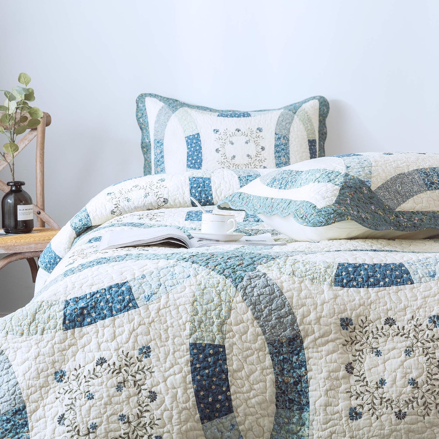 Luna 3-Piece Quilt Set. Cotton Fabrics. Hand-Made Patchwork and Embroidery. Real Pieced. Transitional Style. Pre-Washed and Allover Quilting. (Blue, Queen Set)