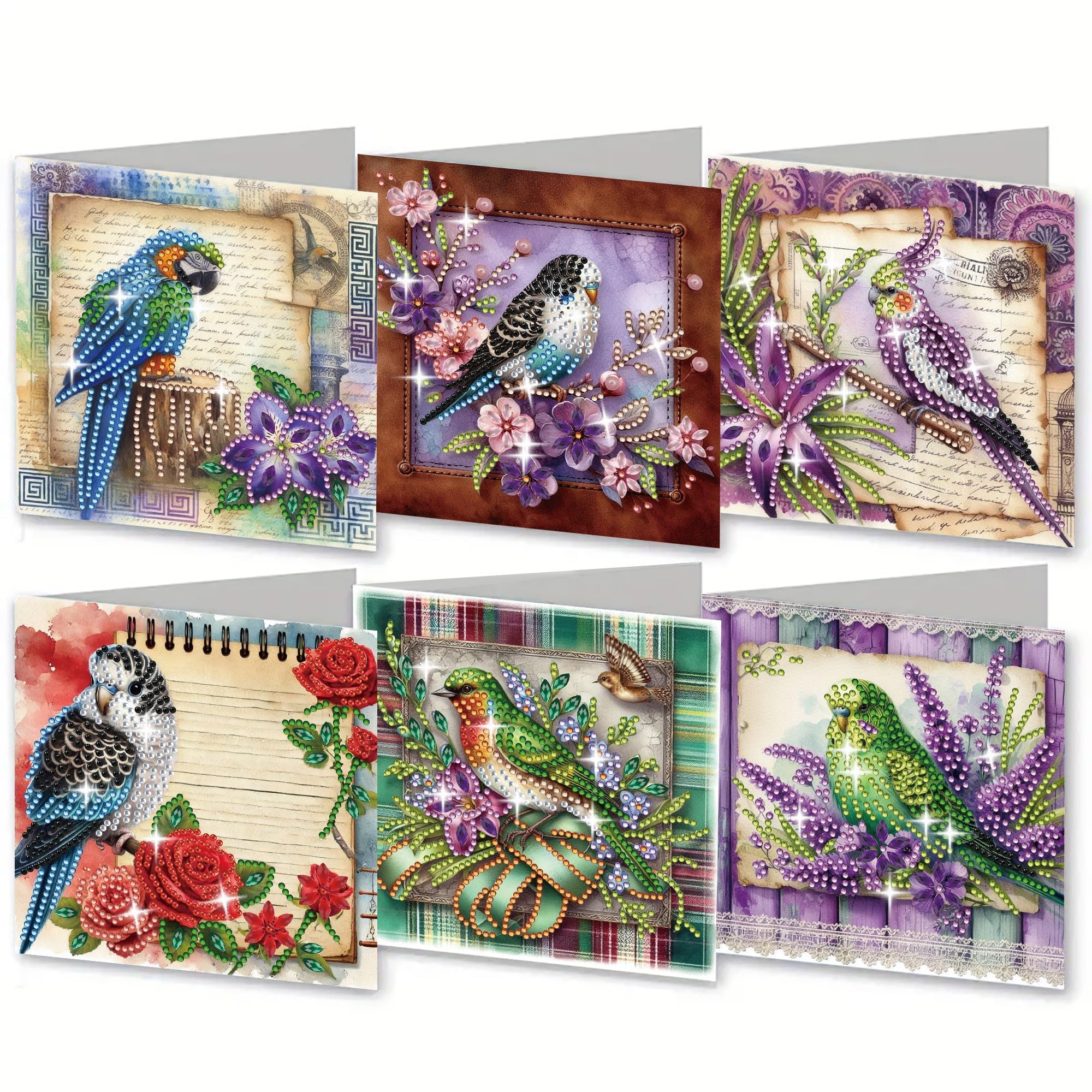 CustmArti Diamond Art Painting DIY Holiday Greeting Card Creative Blessing Folding Six-Pack Stationery Ornament Handmade Present Embroidery-Parrot