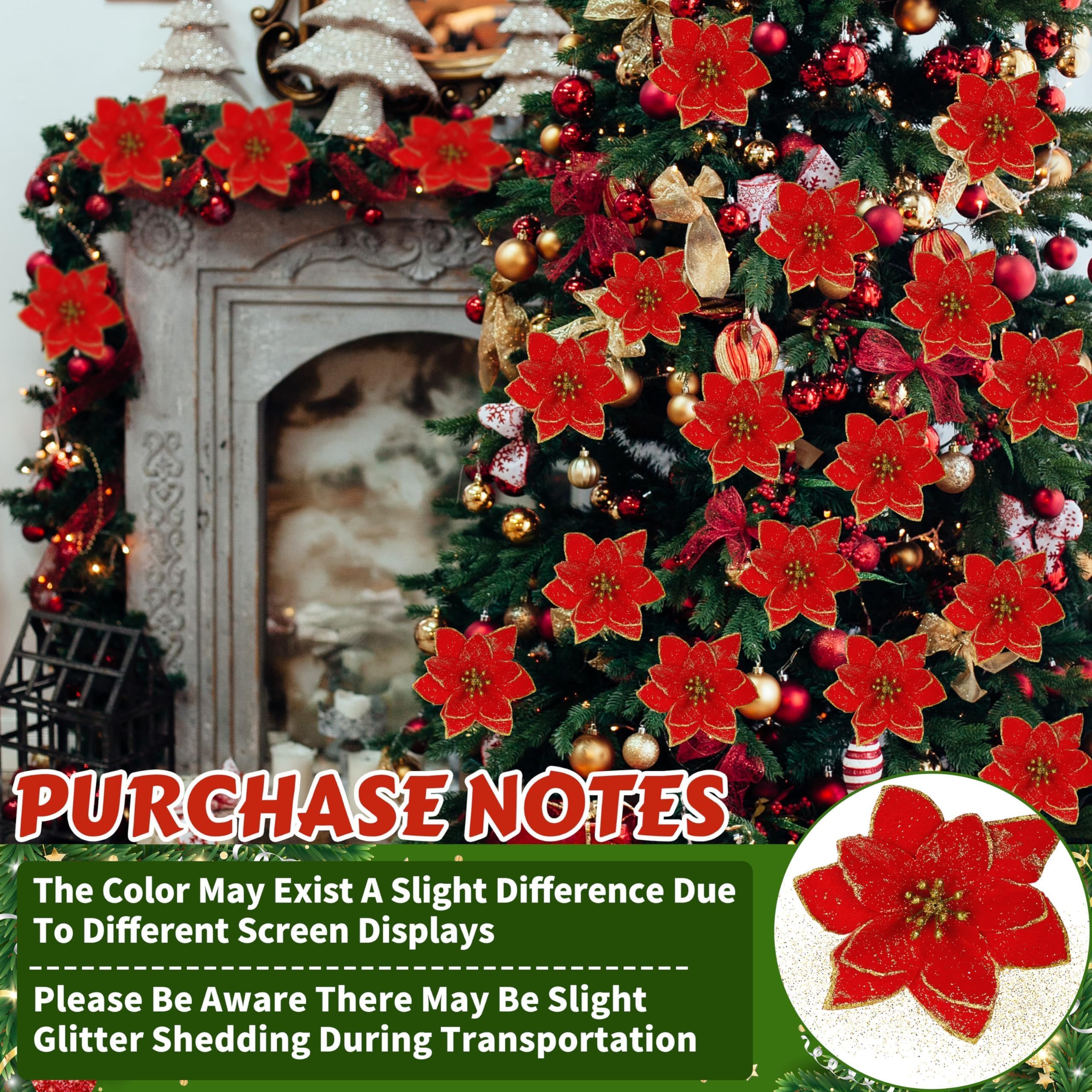 OCTERIC 36 flores de Pascua artificiales con purpurina con clips, corona de Navidad, adornos de árbol de Navidad para decoración de árbol de Navidad, coronas, decoración de vacaciones (rojo)