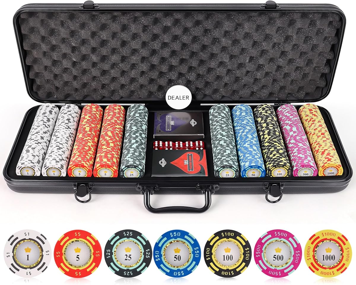 Poker Chips - Clay Poker Chips Set - 13.5g 500 Piece Crown Casino Poker Set with Numbers Denomination - Upgraded Poker Set Case