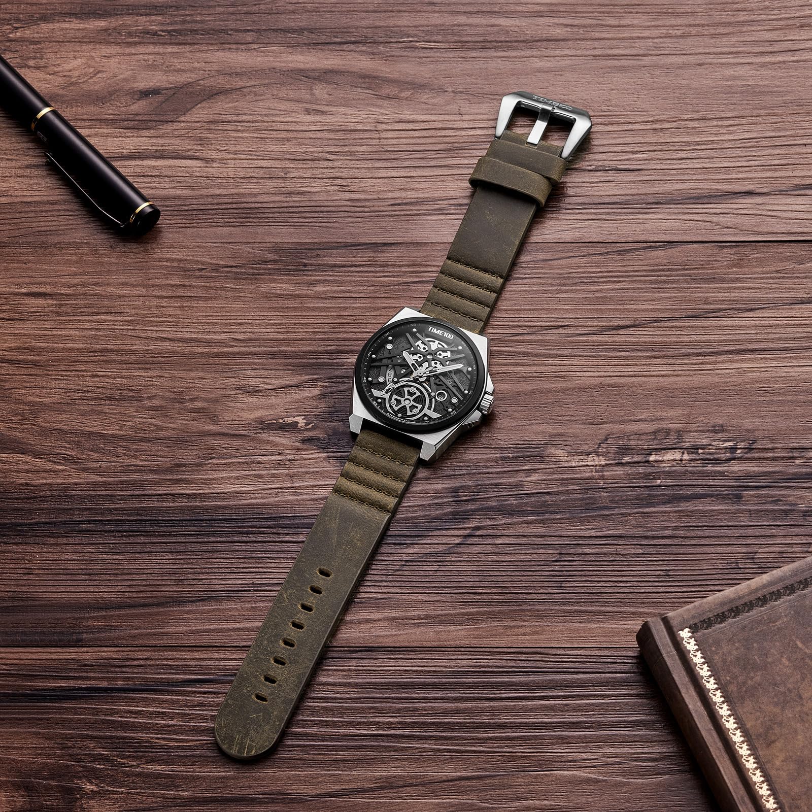 TIME100 Orologio Uomo Automatico Scheletrato Rettangolare/Rotondo Pelle Vera 30M