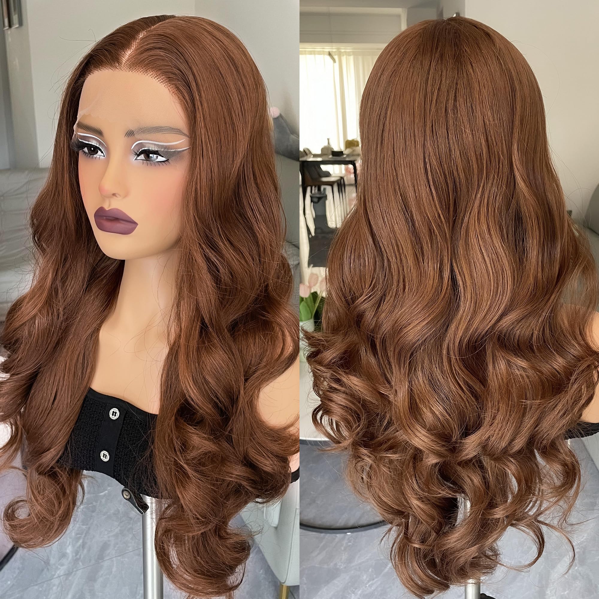 ZAVIDE Chocolate Brown Lace Front Wig Body Wave Synthetic Pre Plucked Glueless HD Lace Front Wigs For Women