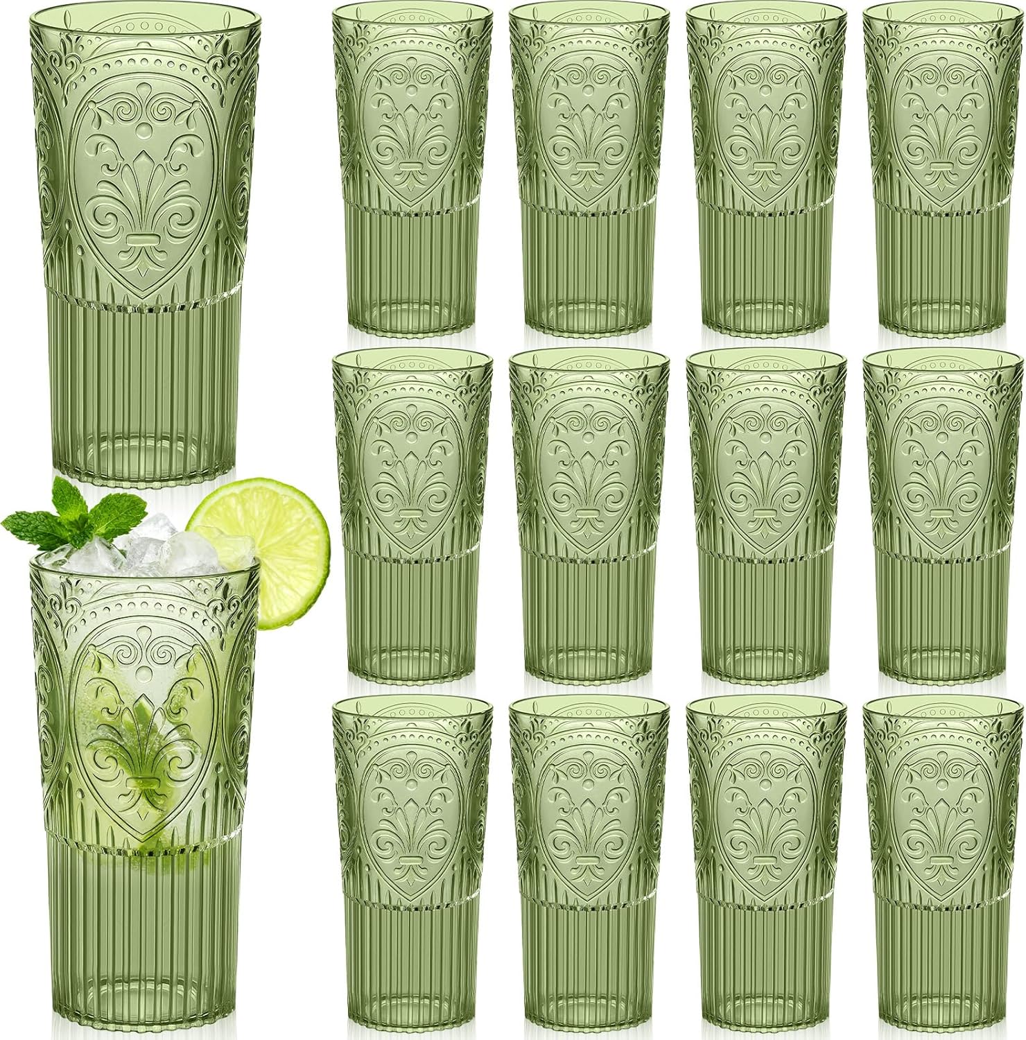 20oz Vintage Plastic Ribbed Tumblers Set of 12, Green Acrylic Drinking Glasses Reusable Cups Large Retro Embossed Drinkware for Water, Beer, Juice, Wedding, Baby Shower, Birthday Party