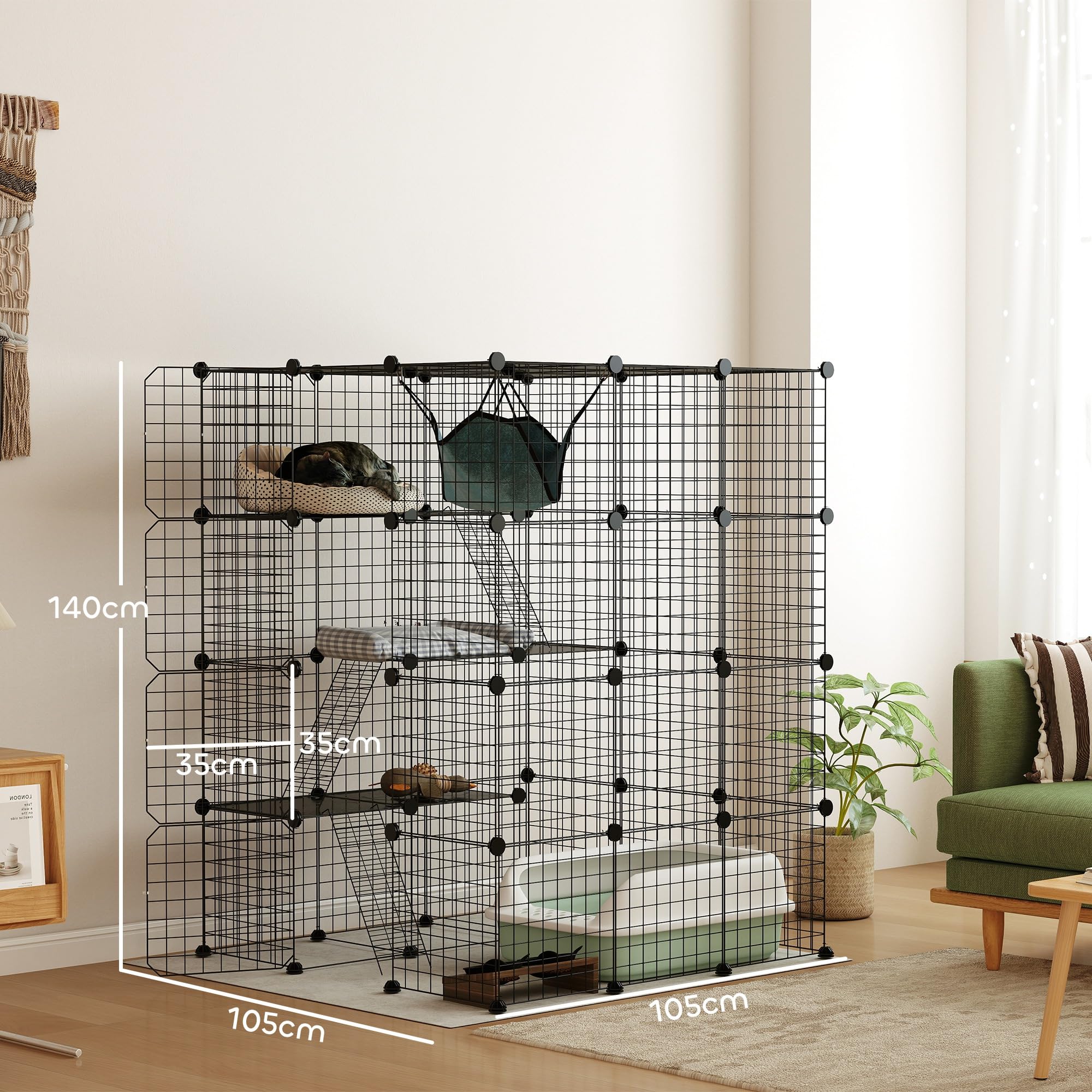 PawHut Jaula Grande para Gatos Interior de 4 Niveles con 5 Puertas, 3 Plataformas de Salto y 3 Rampas, Hamaca, Recinto y Parque para Mascotas, 105x105x140 cm, Negro