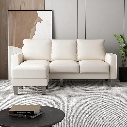 FIQHOME Convertible, moderna tela de lino en forma de L, sofá seccional con otomana para sala de estar, apartamento y espacio pequeño (beige)