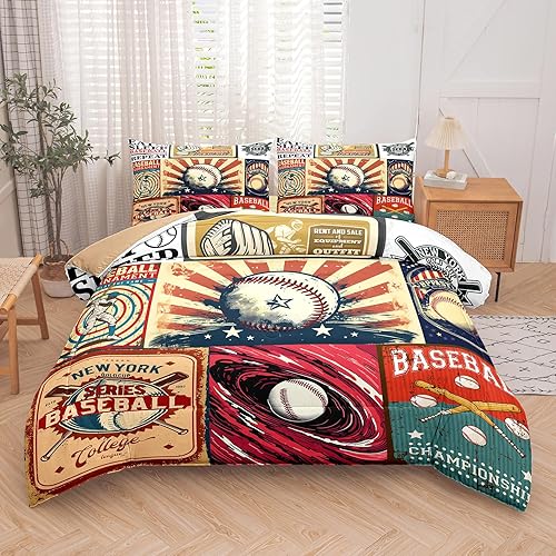 Tailor Shop Juego de edredón de béisbol para niños, tamaño matrimonial, juegos de ropa de cama de béisbol para niños, adolescentes con 2 fundas de
