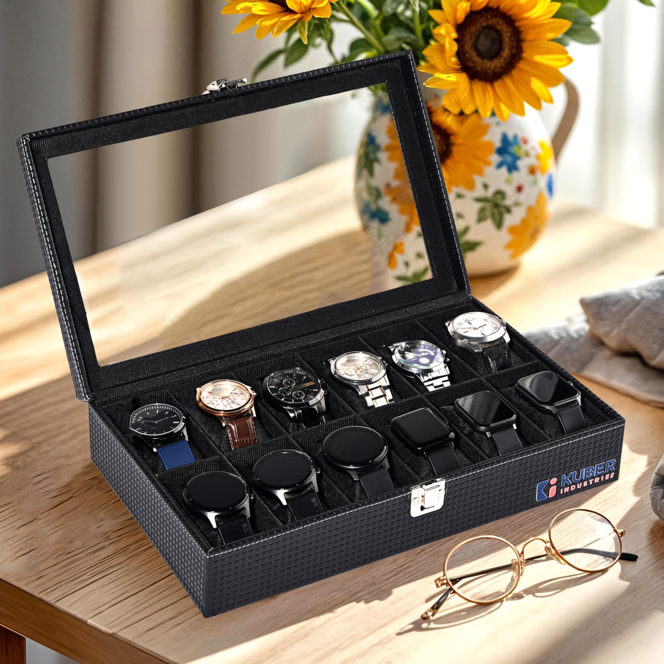 Kuber Industries Scatola organizer per orologi da polso in ecopelle di alta qualità, con 12 scomparti, per uomini e donne, scatola per orologi da collezione, colore: nero