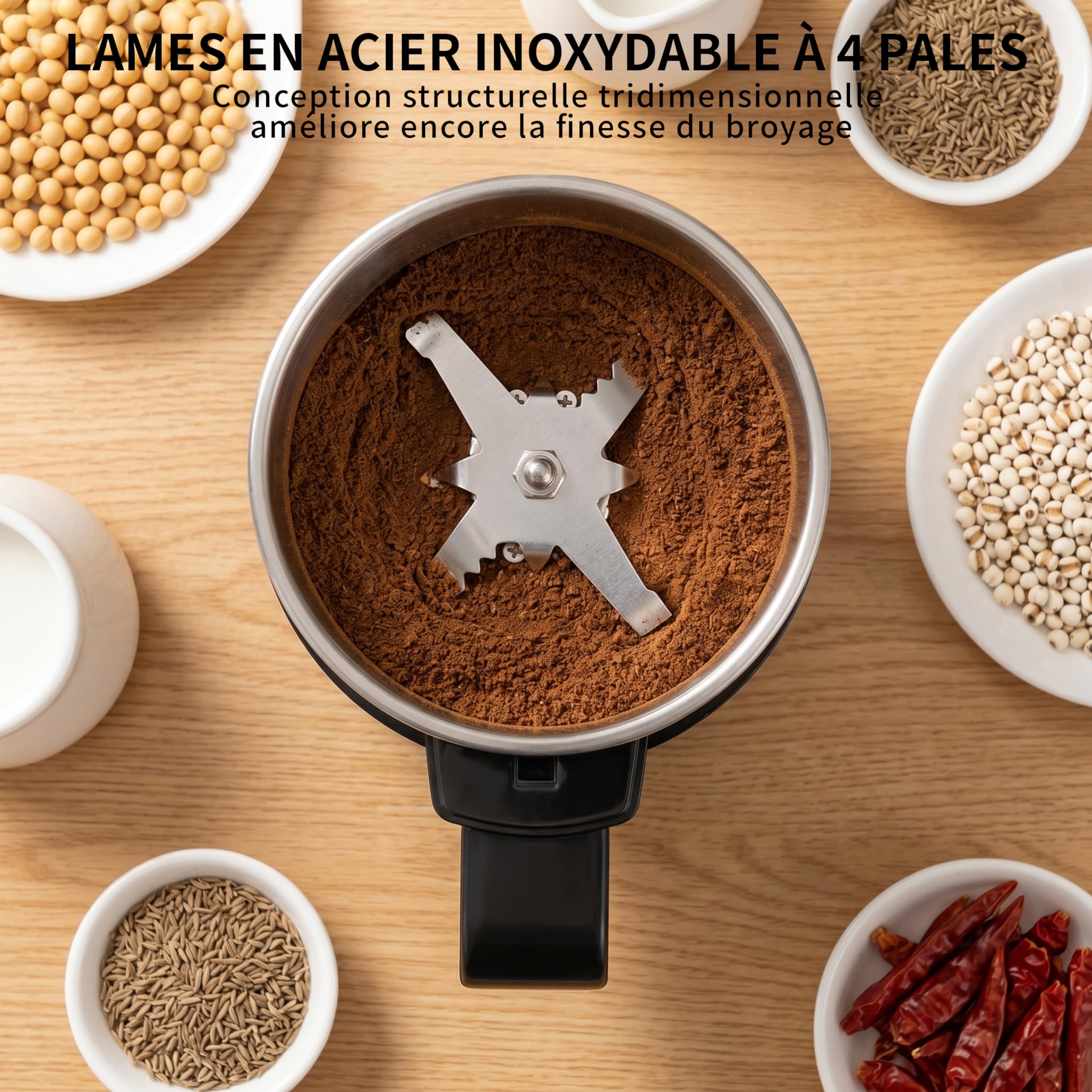 Moulin à café électrique multifonction 400W, Moulin a Graines avec Lames en Acier Inoxydable Coffee，broyage rapide et uniforme，Macinacaffè Pour café, épices et autres aliments (argenté-X60)
