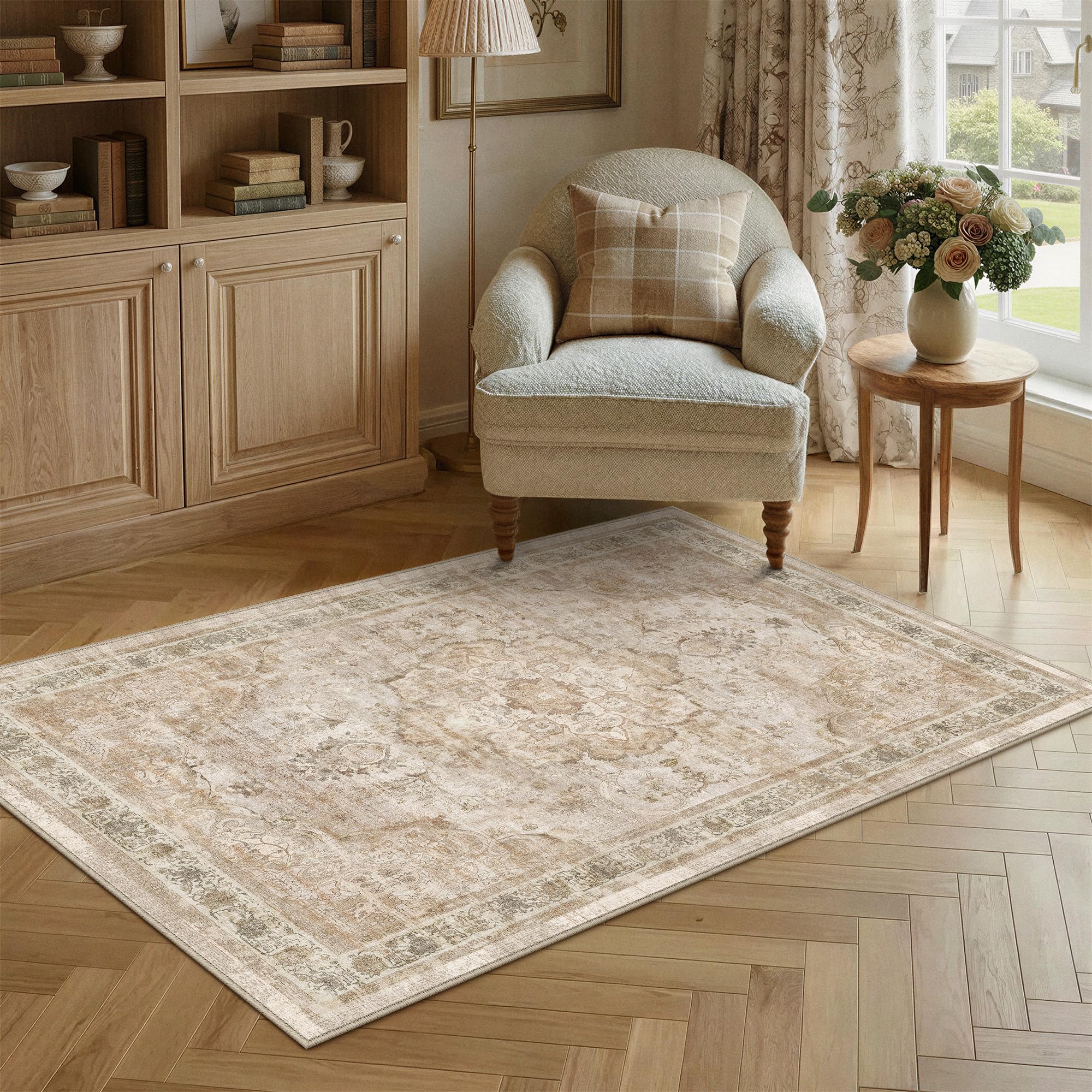 PureCozy Vintage Rugs Living Room Large Washable Beige 120x170cm Carpet Non Slip Area Rug for Kids Bedroom Bedside Nursery Playroom Lounge Office Indoor Low Pile Carpets