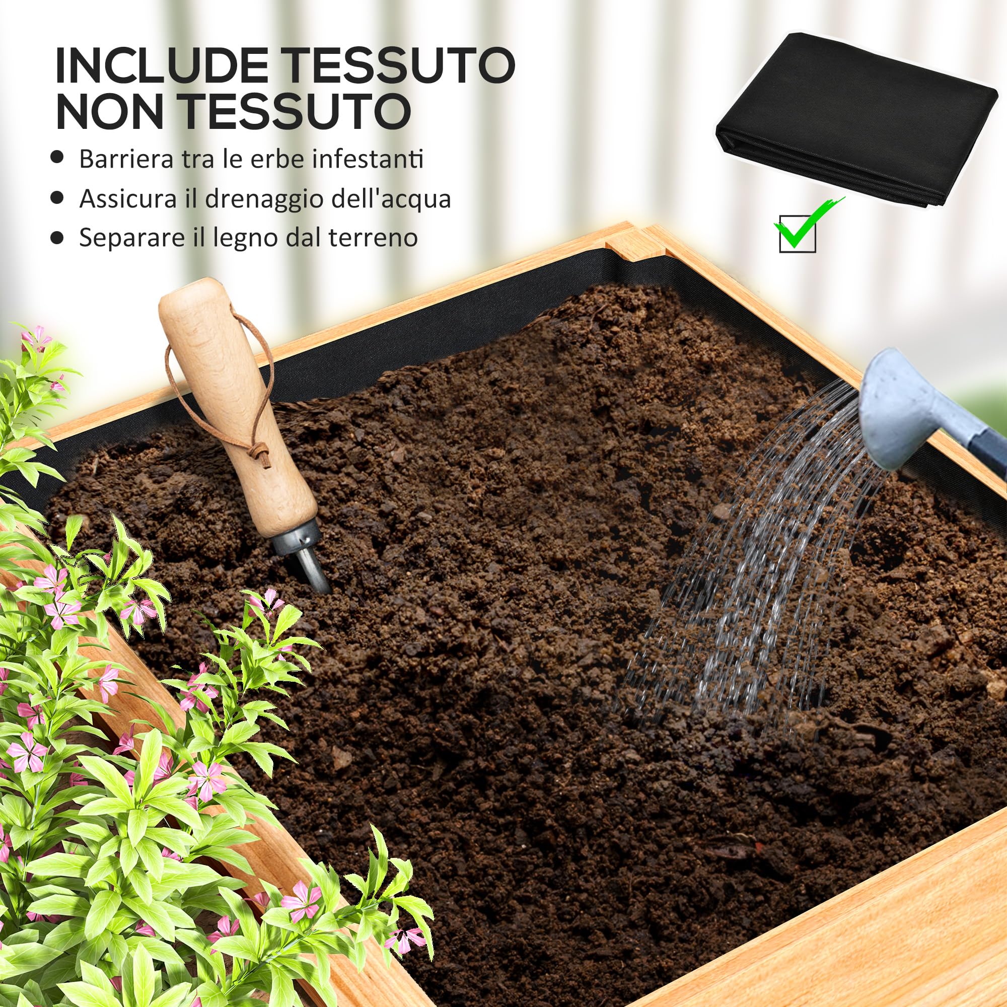 Outsunny Letto per Orto Rialzato da Esterno Divisa in 3 Aree con Strato in Tessuto non Tessuto, Fioriera da Balcone in Legno di Abete, per Piante, Fiori, 140x60x40 cm, Color Legno