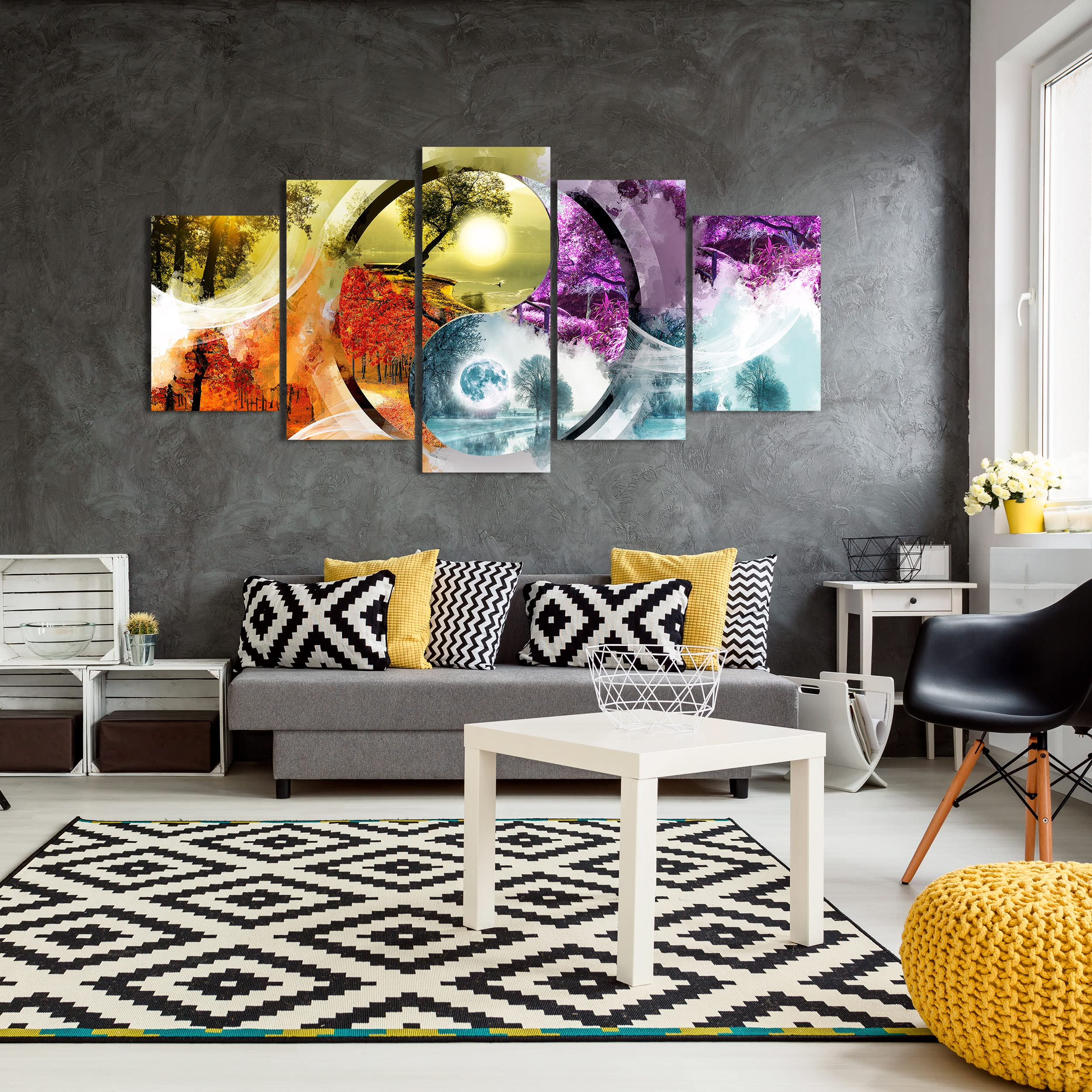 DekoArte - Cuadros Modernos Impresión Imagen Artística |5 Piezas 200x100cm | Lienzo Decorativo Para Tu Salón o Dormitorio | Estilo Paisaje Ying Yang Cuatro Estaciones Del Año XXL