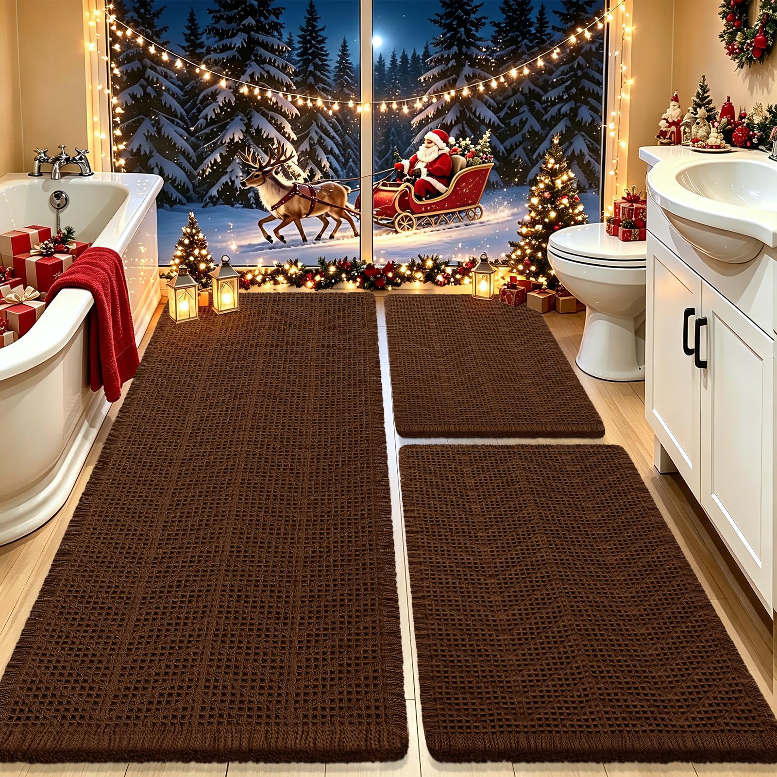 Waffle Bath Mat Set 3 Piece, Boho Woven Modern Bath Rug Absorbent Non Slip, Soft Bathroom Mats, Machine Washable Knit Bath Rugs with Herringbones for Bathroom, Bedroom, Kitchen, Shower, Tub, Brown