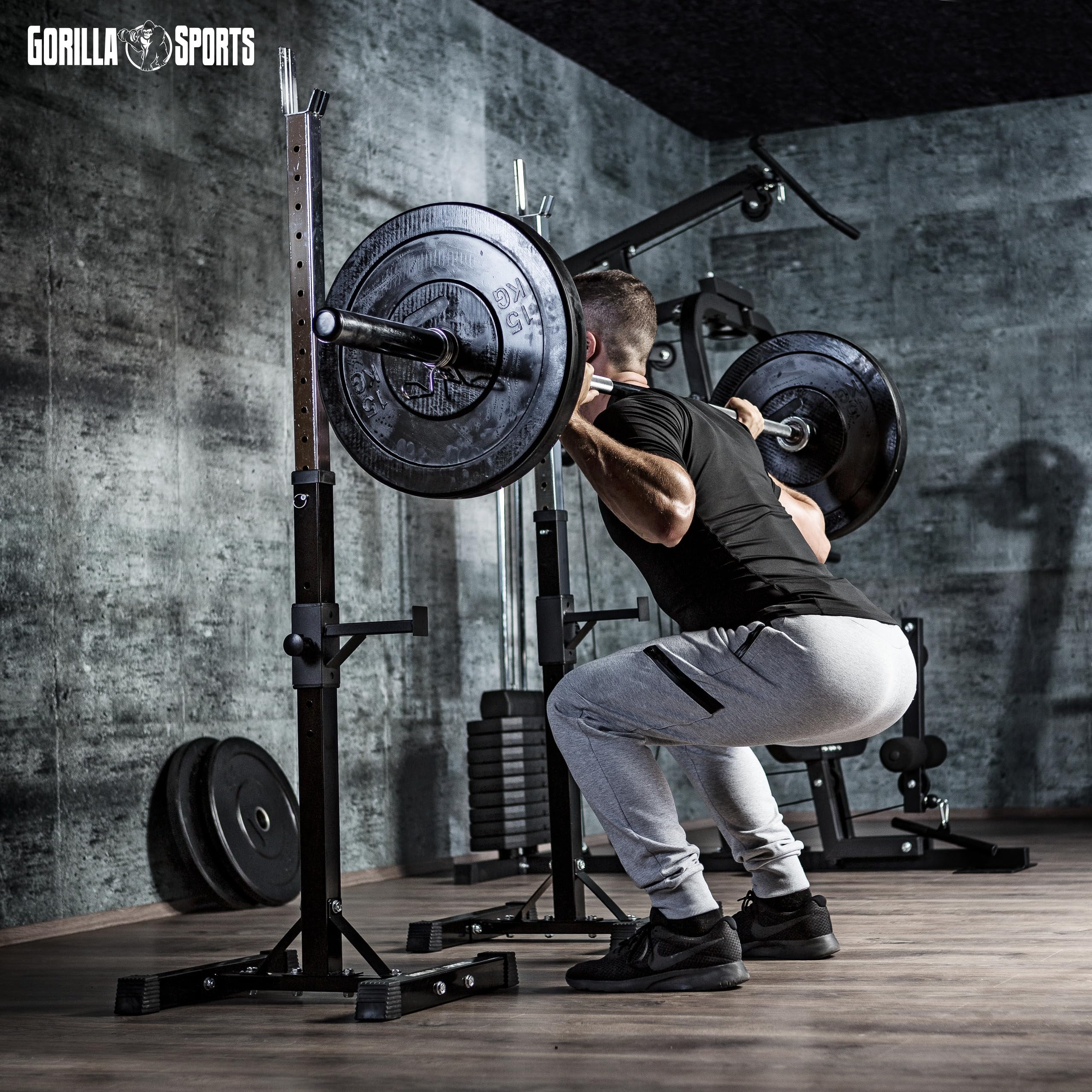 GORILLA SPORTS® Squat Rack – Verstellbar, 52 x 53 x 105–172 cm, Max. Belastbarkeit 500 kg, Schwarz – Langhantelständer, Langhantelablage, Power Rack, Stabiles Gestell, Hantelbank-Stütze, Halterungen