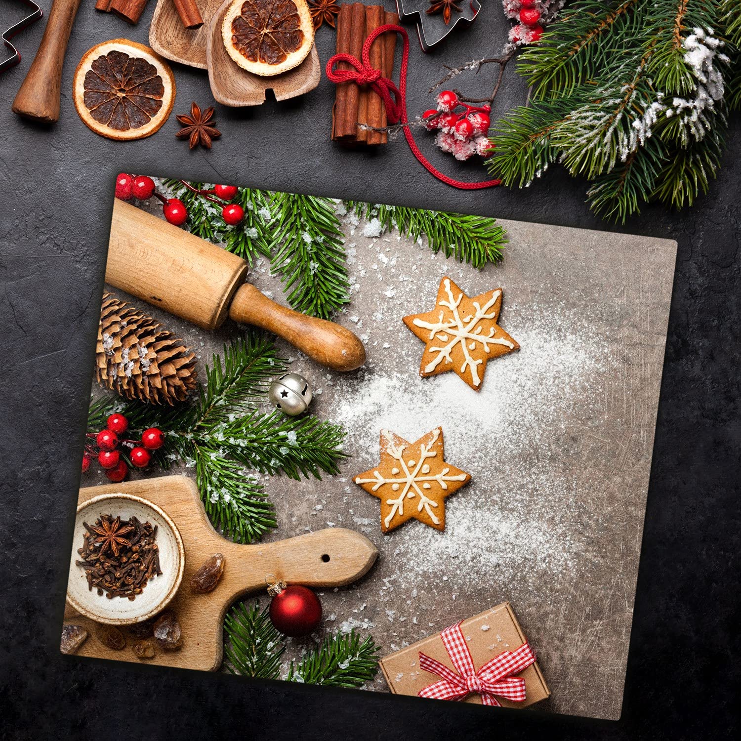 Planche à Découper Noël En Verre Trempé 60x52cm - Protection Plaque Induction, Décoration Festive Père Noël Et Cadeaux