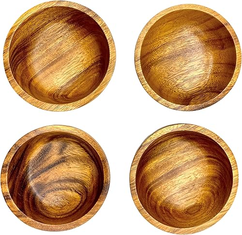 Miniatura 7 de Juego de 4 cuencos pequeños de calabacín de madera  10.8 cm de acacia para aperitivos, salsas y guarniciones, cuencos rústicos hechos a mano para