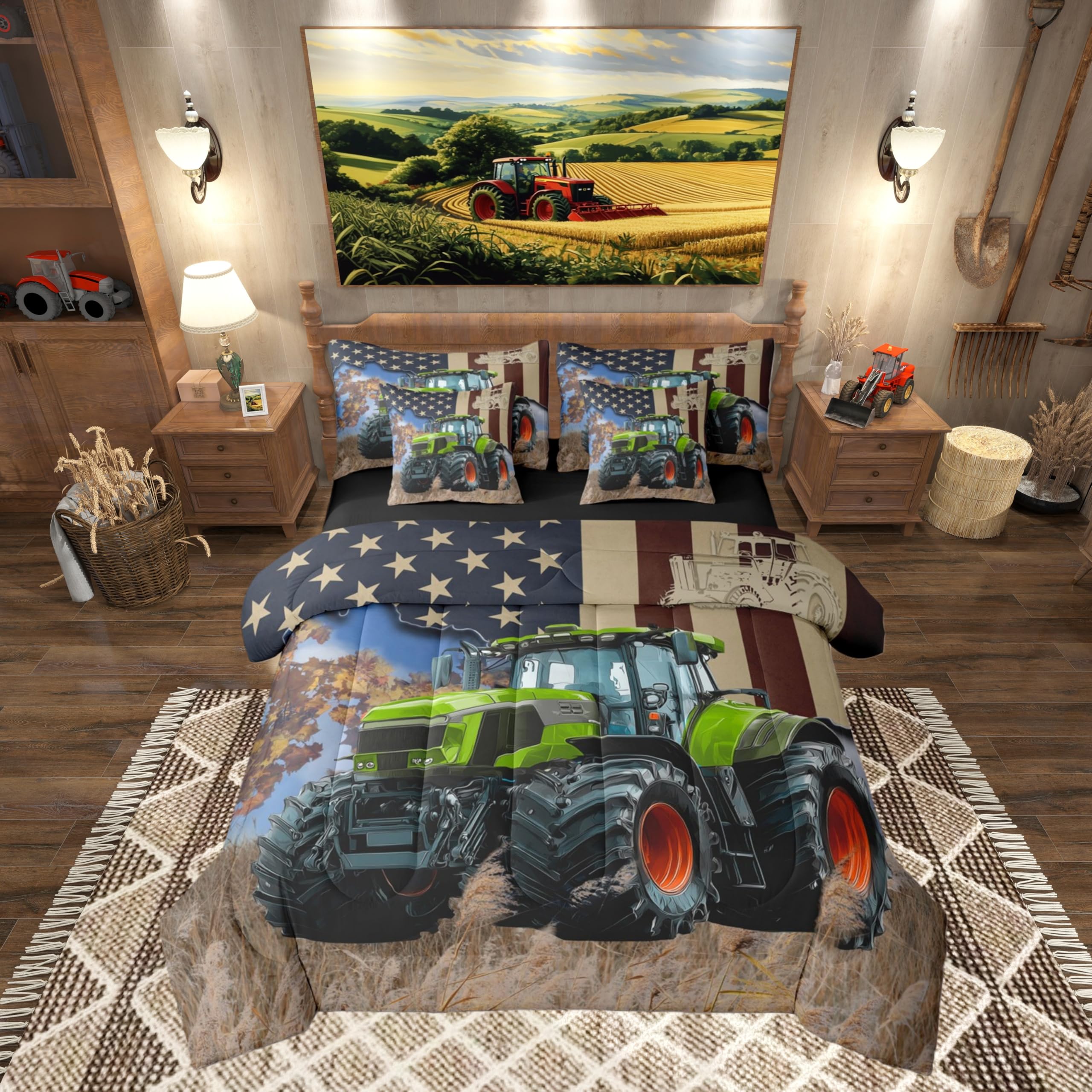 Housse de couette enfant 7 pièces Manfei lit double style rustique camion de ferme