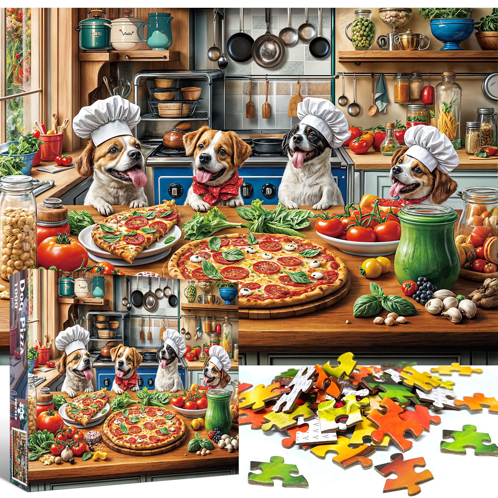 Puzzles 1000 Pieces for Adults Jigsaw Puzzle Challenging Game for the Whole for Women Gifts for Men Theme: Dogs' Pizza Meal - Image 2