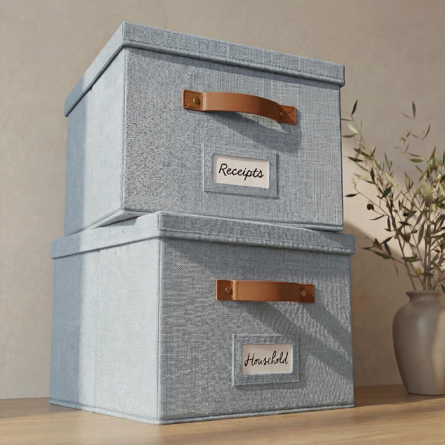 ZICOTO Decorative File Organizer Box Set of 2 - Collapsible Linen Filing Cabinets w/Handles Are Perfect to Store all Your Documents & Hanging File Folders - Portable Easy Slide Crates with Lid