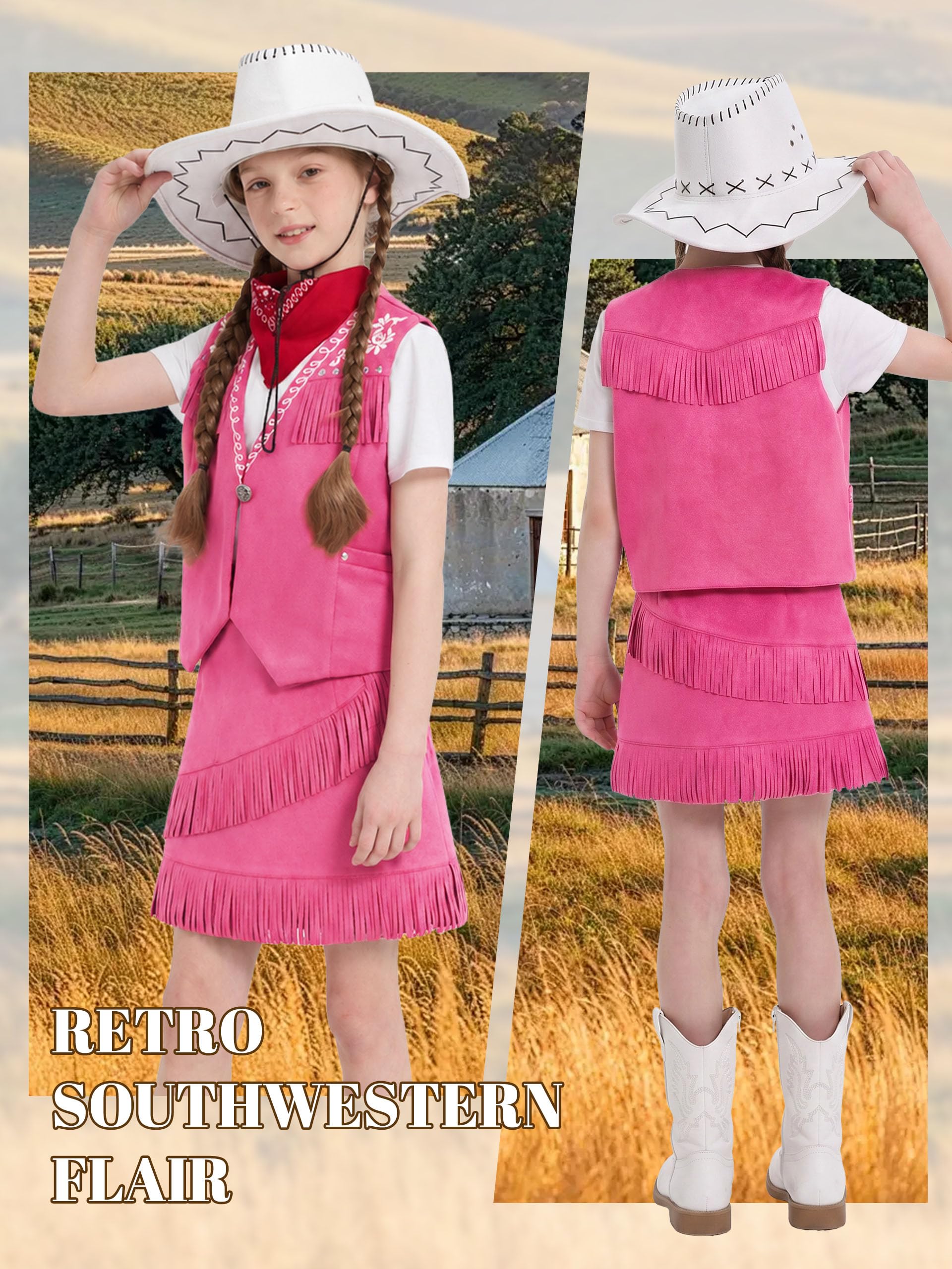 LOLANTA Costumi Cowgirl Bambini Completo Frange Gilet+Gonna Cowgirl Carnevale Costume Feste Western-themd Halloween Musicale Festival Outfit