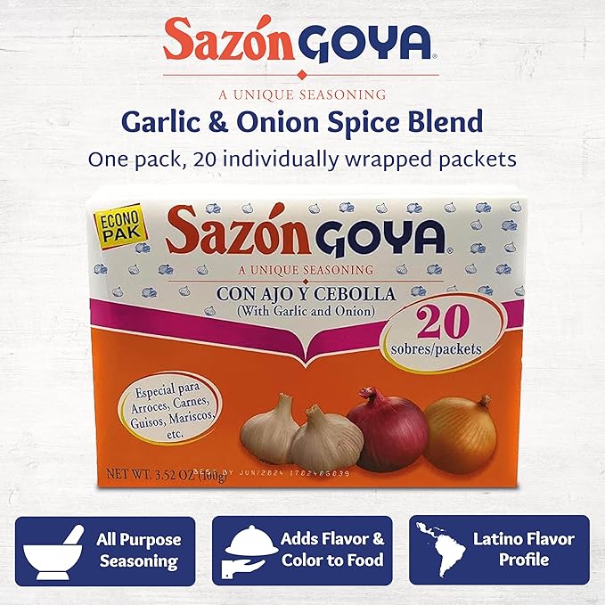Sazón con Ajo y Cebolla Goya, Condimento Latino para Aves, Mariscos, Carne y Verduras, 3.52 oz miniatura 3