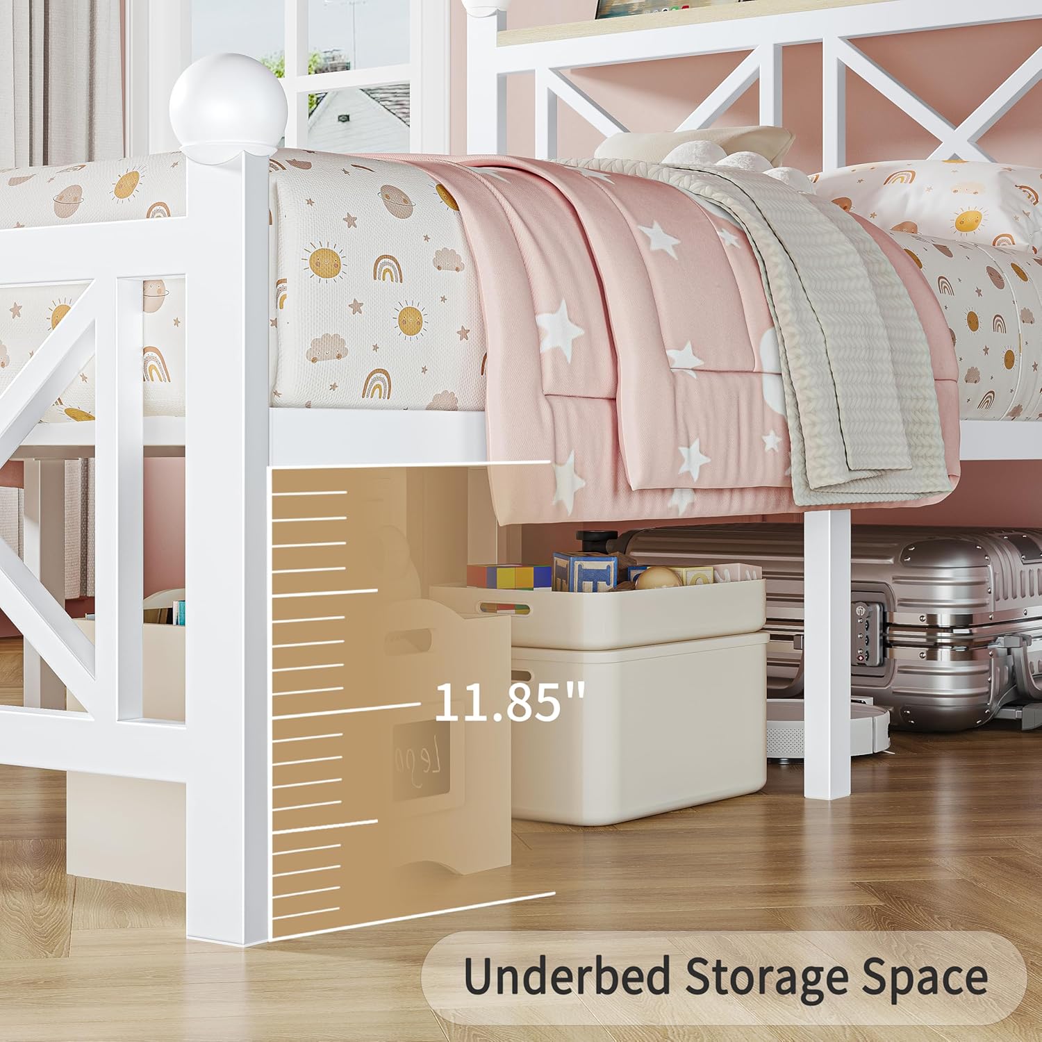 Twin White Bed Frame with Headboard and Footboard, Storage Shelf with LED Lights and Charging Station, Strong Metal Slats Support, No Box Spring Needed, Under Bed Storage, Easy Assembly