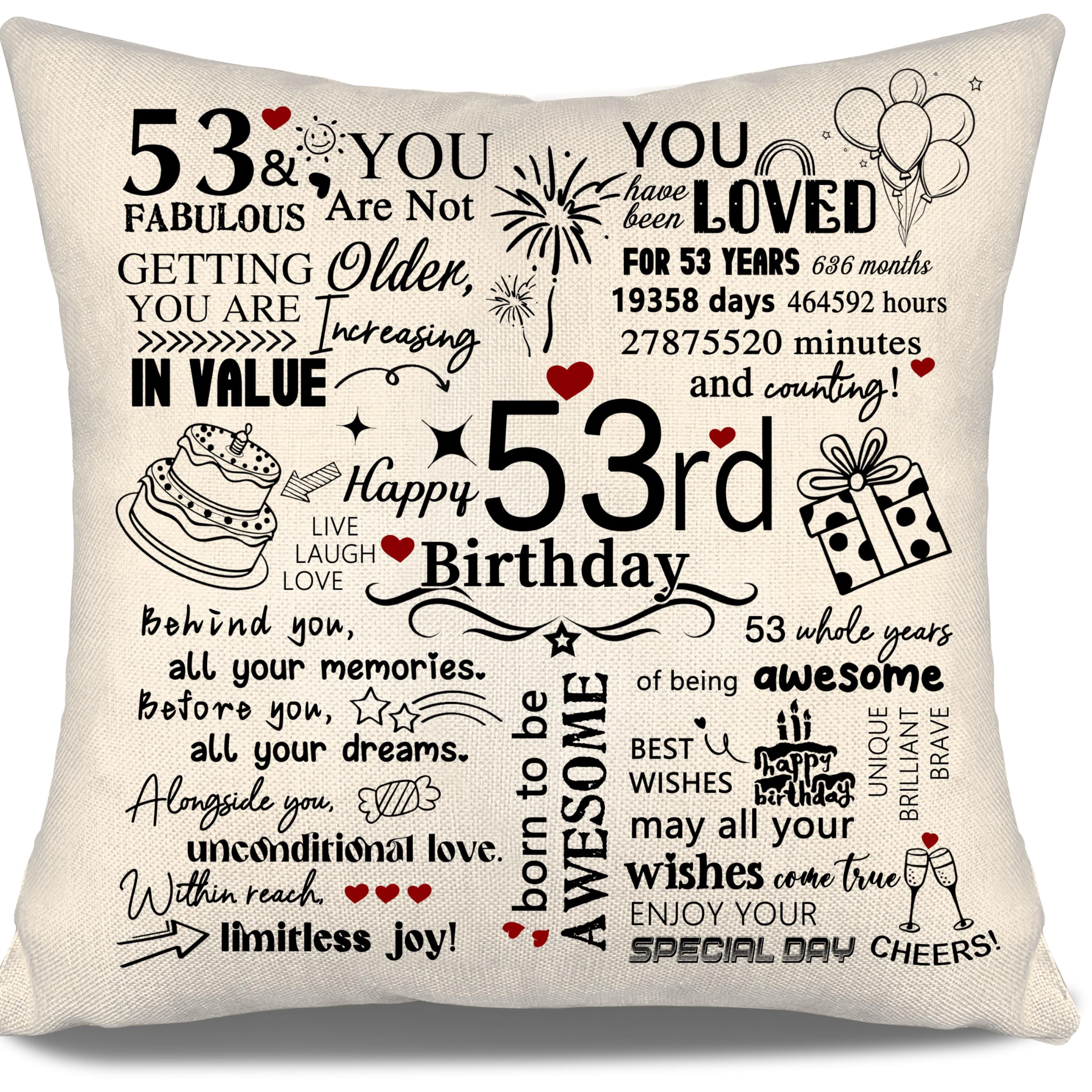 Aosumin 53rd Birthday Gift Cushion Cover for Mum Dad Aunt Uncle Grandma Grandad Sister Friend Cousin Colleague Wife Husband 53 Years Old Women Men Gift Inspirational Cushion Cover Happy Birthday(53)