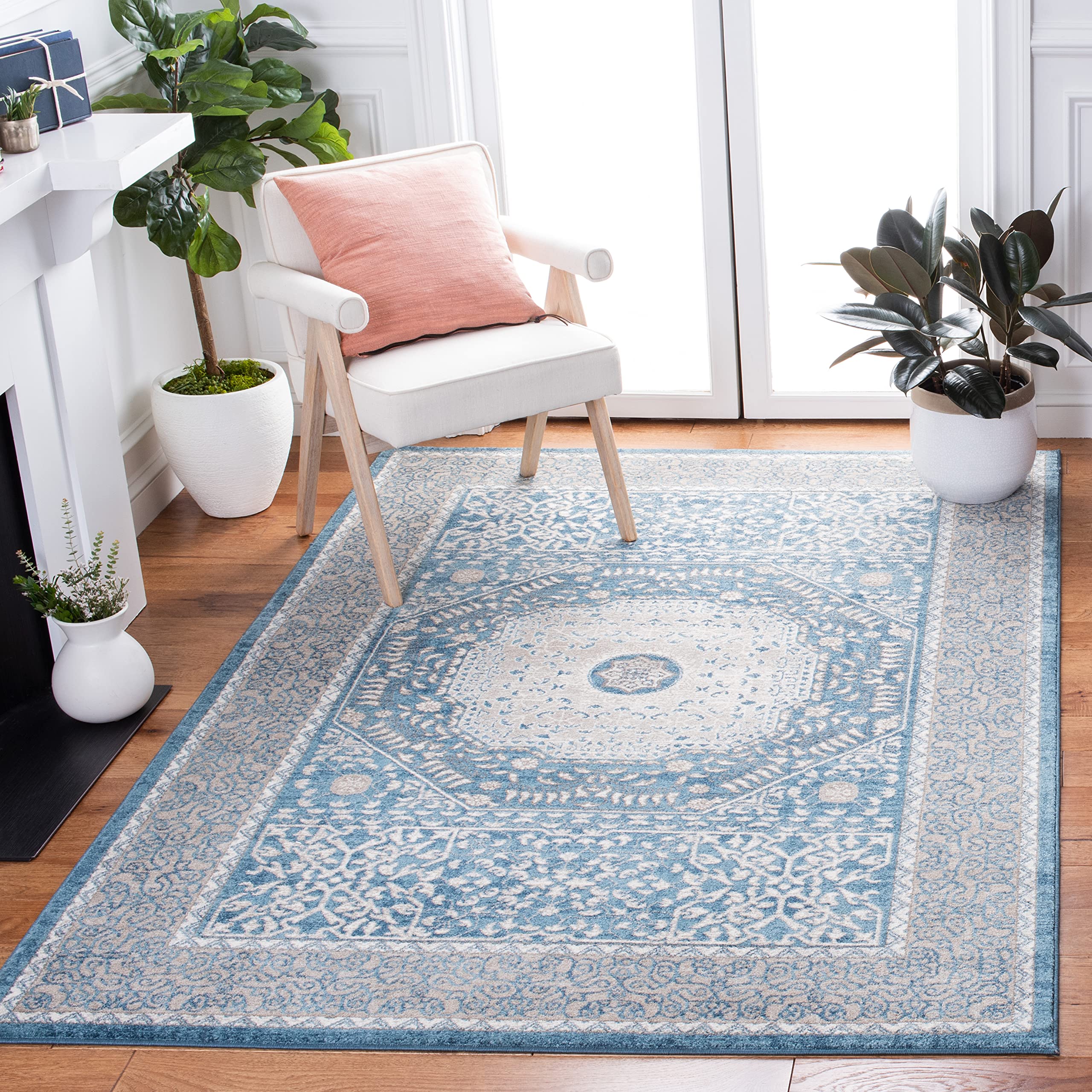 SAFAVIEH Sofia Collection Accent Rug - 4' x 5'7", Blue & Beige, Boho Tribal Distressed Design, Non-Shedding & Easy Care, Ideal for High Traffic Areas
