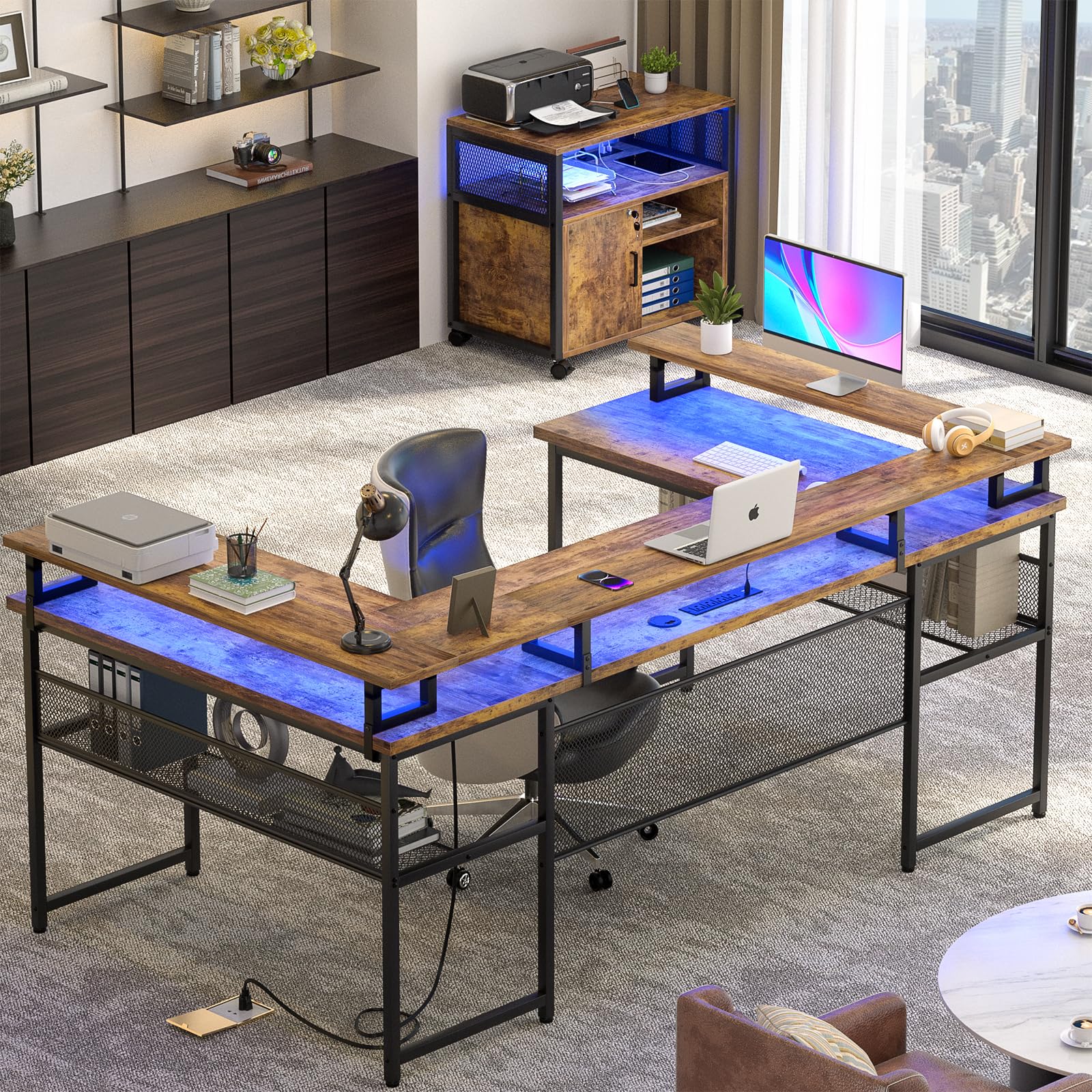 U Shaped Computer Desk with Monitor Stand and LED Lights, Reversible L Shaped Office Desk with Power Outlet and Storage Shelf, 130 Inch Large Corner Table, U- Shaped Gaming Desk, Rustic Brown (Box 1 of 2 Only)