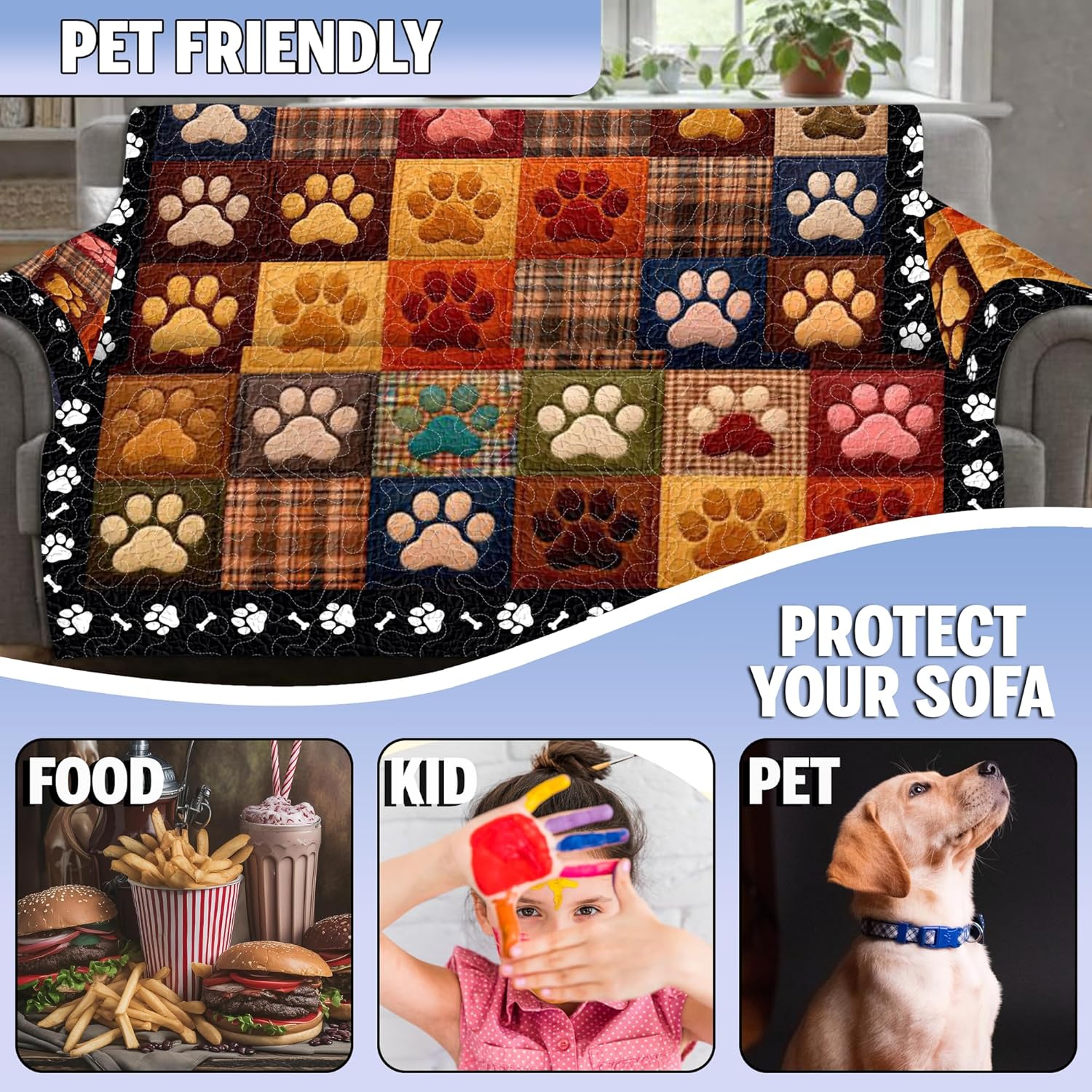 Custom Paw Print Patchwork Sofa Cover, Quilt Cover Couch Protector for Chair, Loveseat Sofa - Dog Lover Couch Throw Non-Slip for Living Room Decor, Washable Cover for Pet Owners (#1)