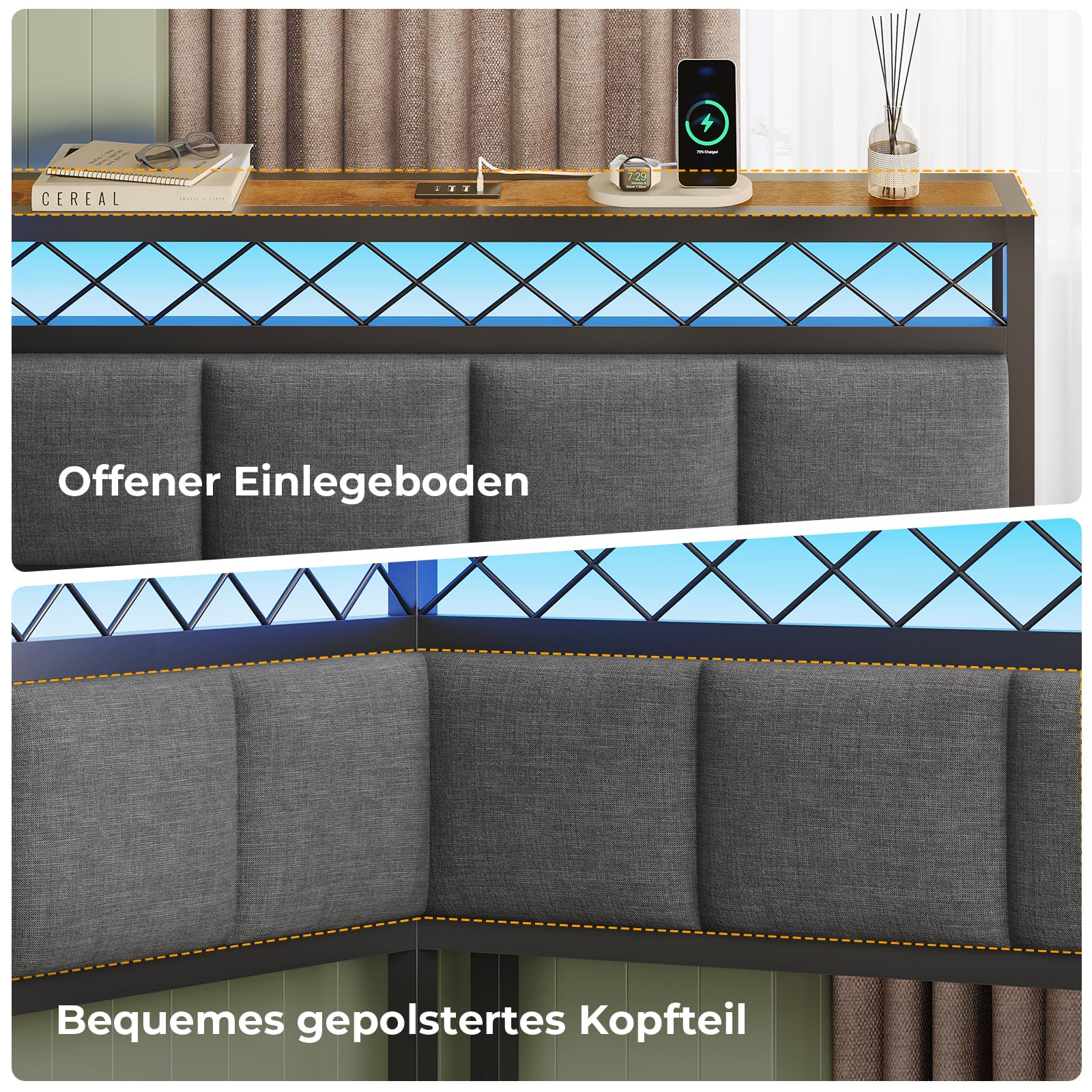 AOGLLATI Polsterbett Schlafsofa 140x200 mit USB-Steckdosen und LED-Beleuchtung Jugendbett 140x200 mit 2 Schubladen,Tagesbett Gästebett Bettgestell mit Lattenrost,Ohne Matratze(Grau,140x200cm)