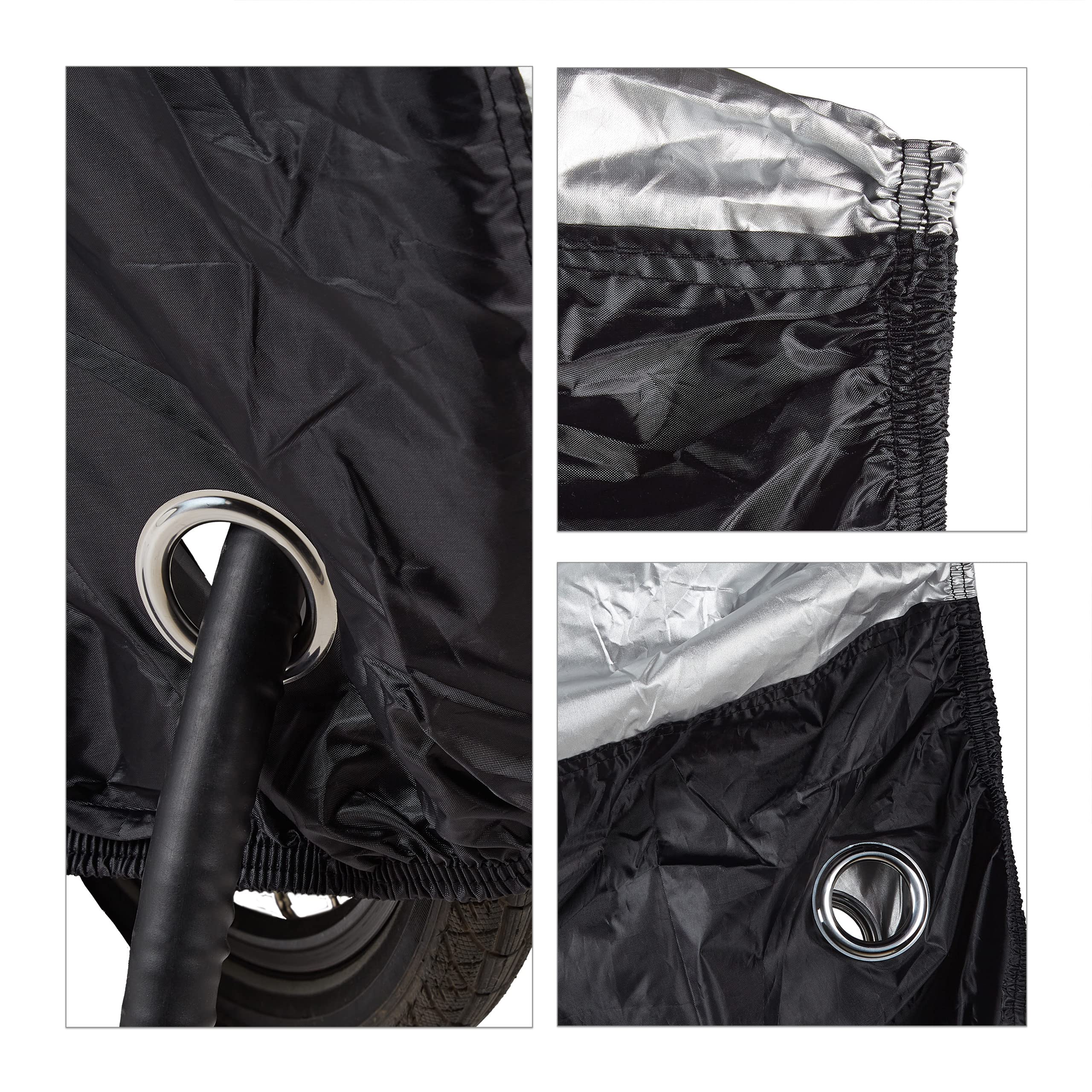 Relaxdays Cubierta bicis, para 3, 110 x 200 x 100 cm, Funda Bicicletas, con Bolso, plástico, Negro y Plateado, Poliéster