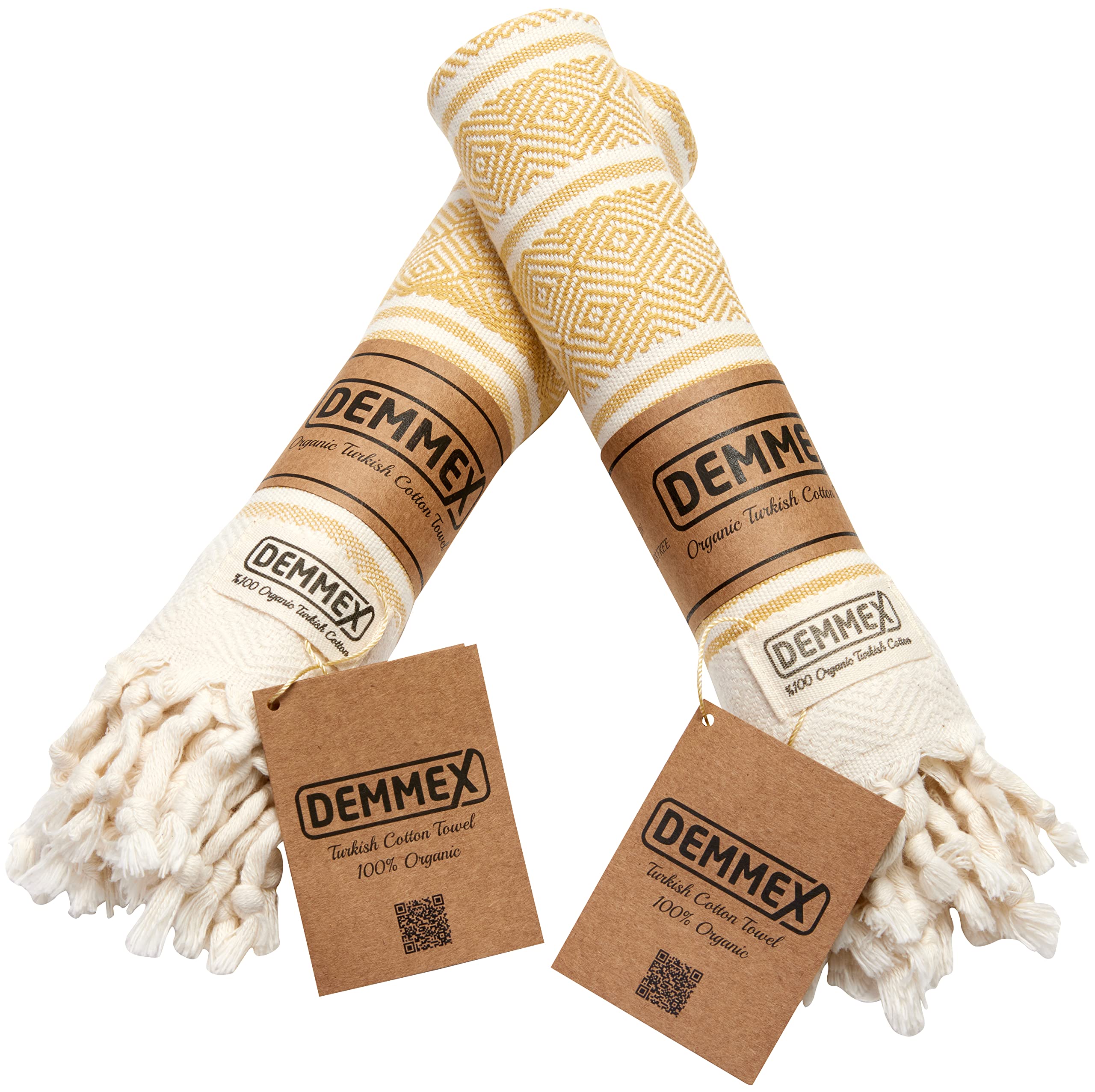 DEMMEX Certified Organic & OEKO-TEX Turkish Cotton Hand Towels - Set of 2, Quick Dry, Absorbent for Bathroom, Kitchen, Travel – Soft Diamond Weave, Prewashed,46x92cm, (Mustard)OEKO-TEX STANDARD 100