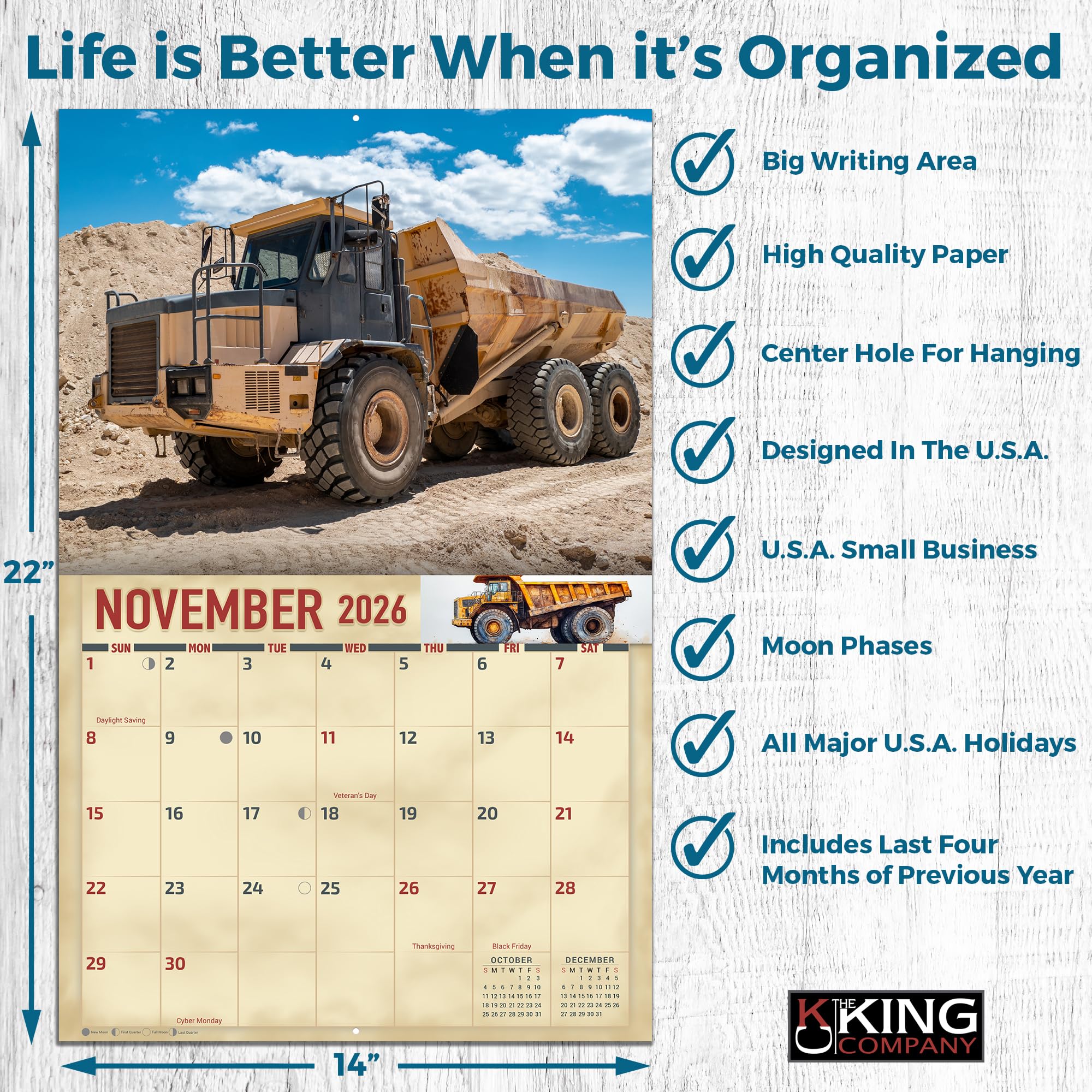 2026 Earth Movers Wall Calendar 16-Month X-Large Size 14x22, Big