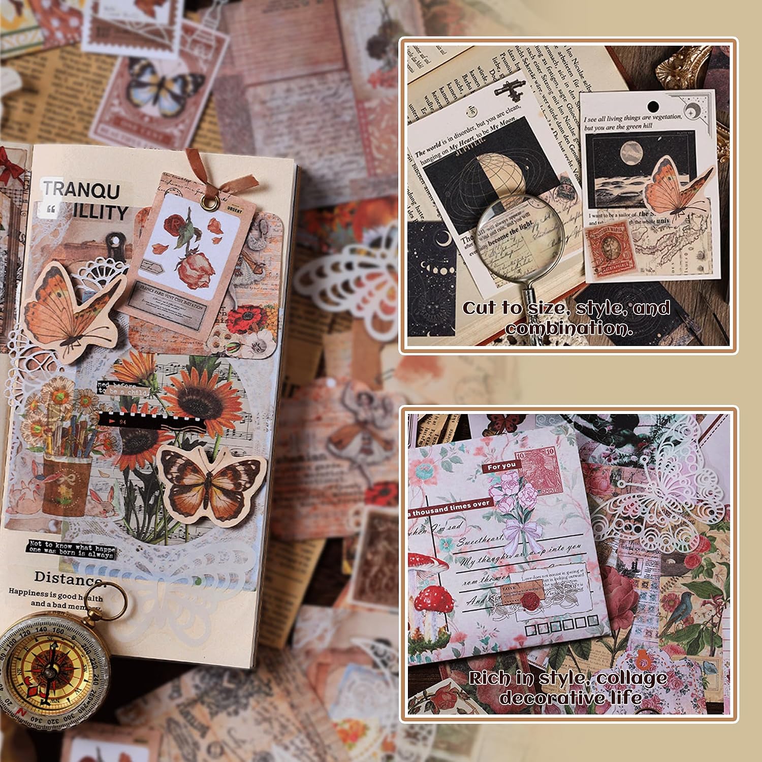 200Pcs Vintage Scrapbook Paper Sticker Kit, Nature Flowrs Scrapbooking Decals for Junk Journal Supplies Card Making Stationery Album, Collage, Planner, Gift Wrapping Craft