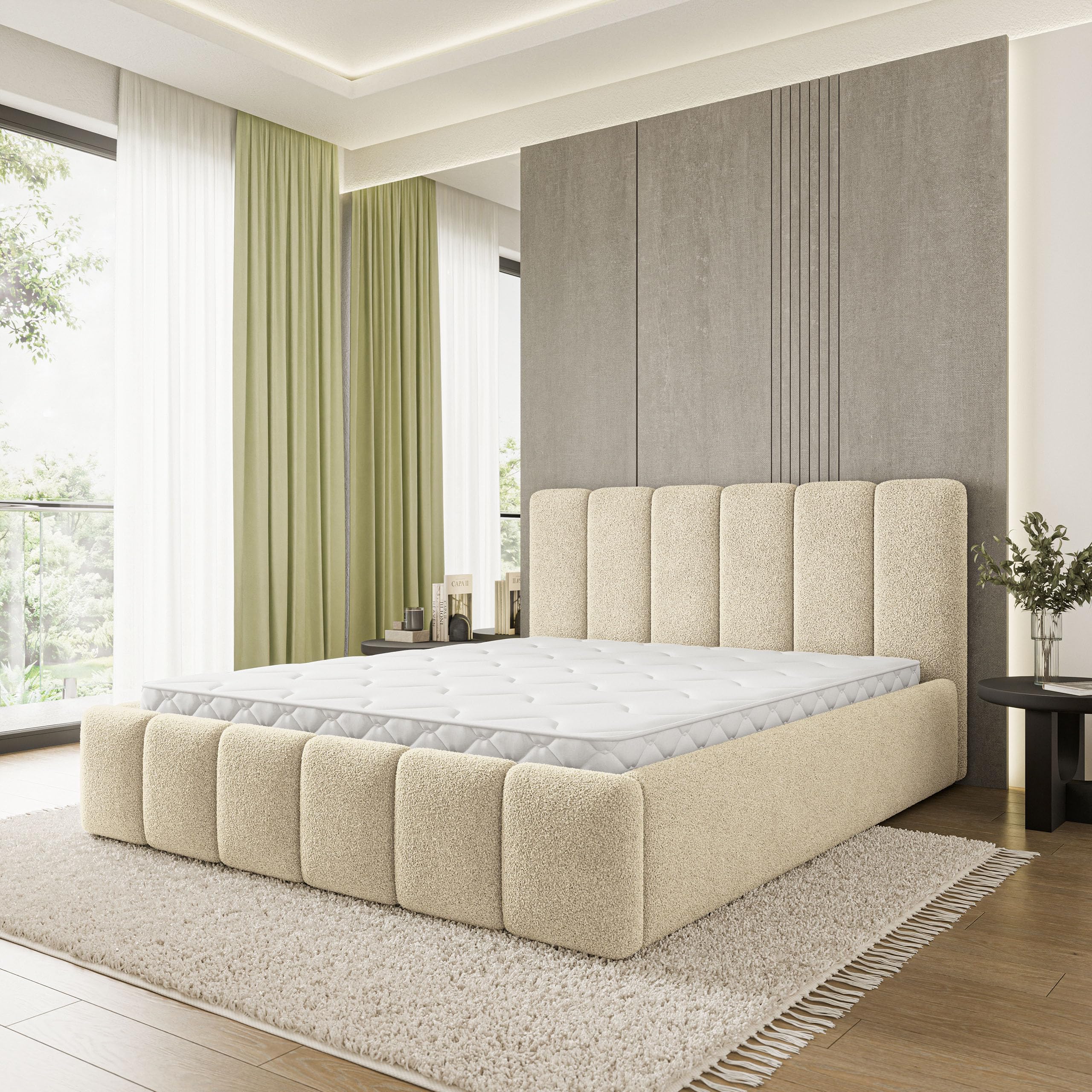 Masseno Łóżko tapicerowane ATTORA Q 200x200 cm, Nowoczesny Podwójne łóżko z Pojemnikiem na pościel, Stelażem i Wezgłowiem - Kremowy QUELLE 02