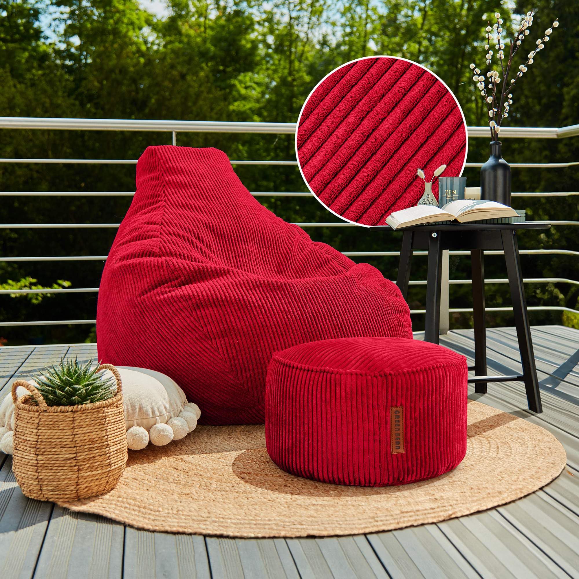 Green Bean© Pouf avec Tabouret en Velours côtelé - Pouf pour Salon, Chambre à Coucher - Fauteuil pour Adulte - Rouge - Environ 230 l - Rembourrage : 90 x 80 x 80 cm et 45 x 25 cm