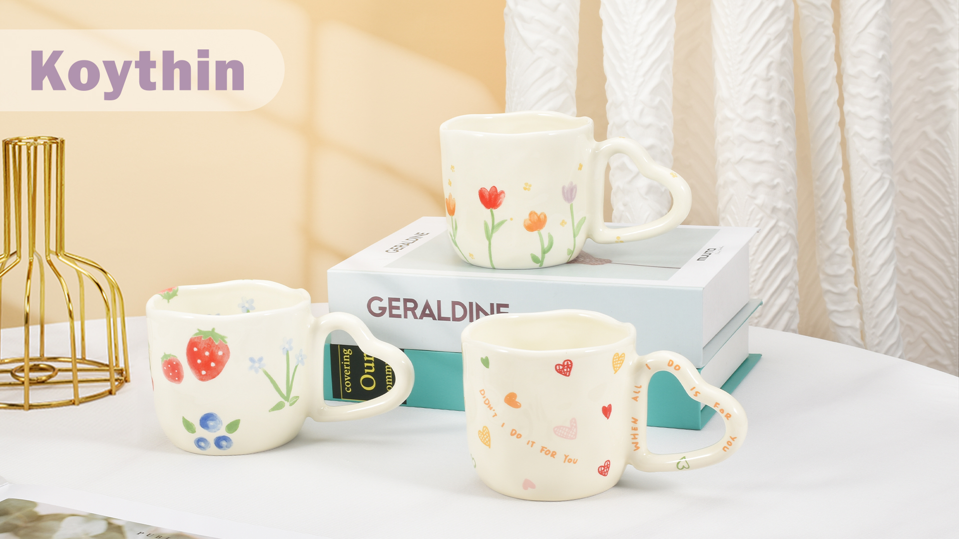 Taza de cerámica Koythin con flores y fresas 8.5 oz miniatura 7