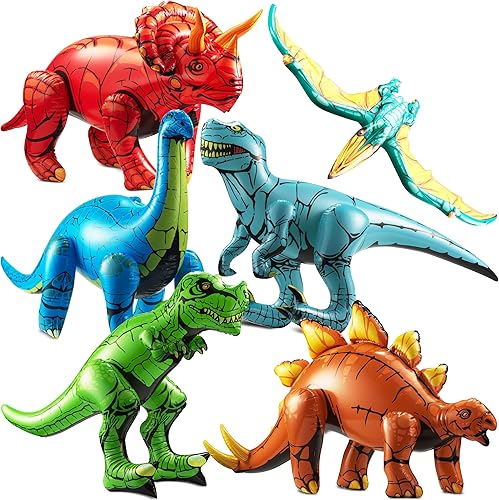 Juguetes inflables de dinosaurio, paquete de 6, decoraciones de dinosaurios inflables para suministros de fiesta de cumpleaños temática y flotadores